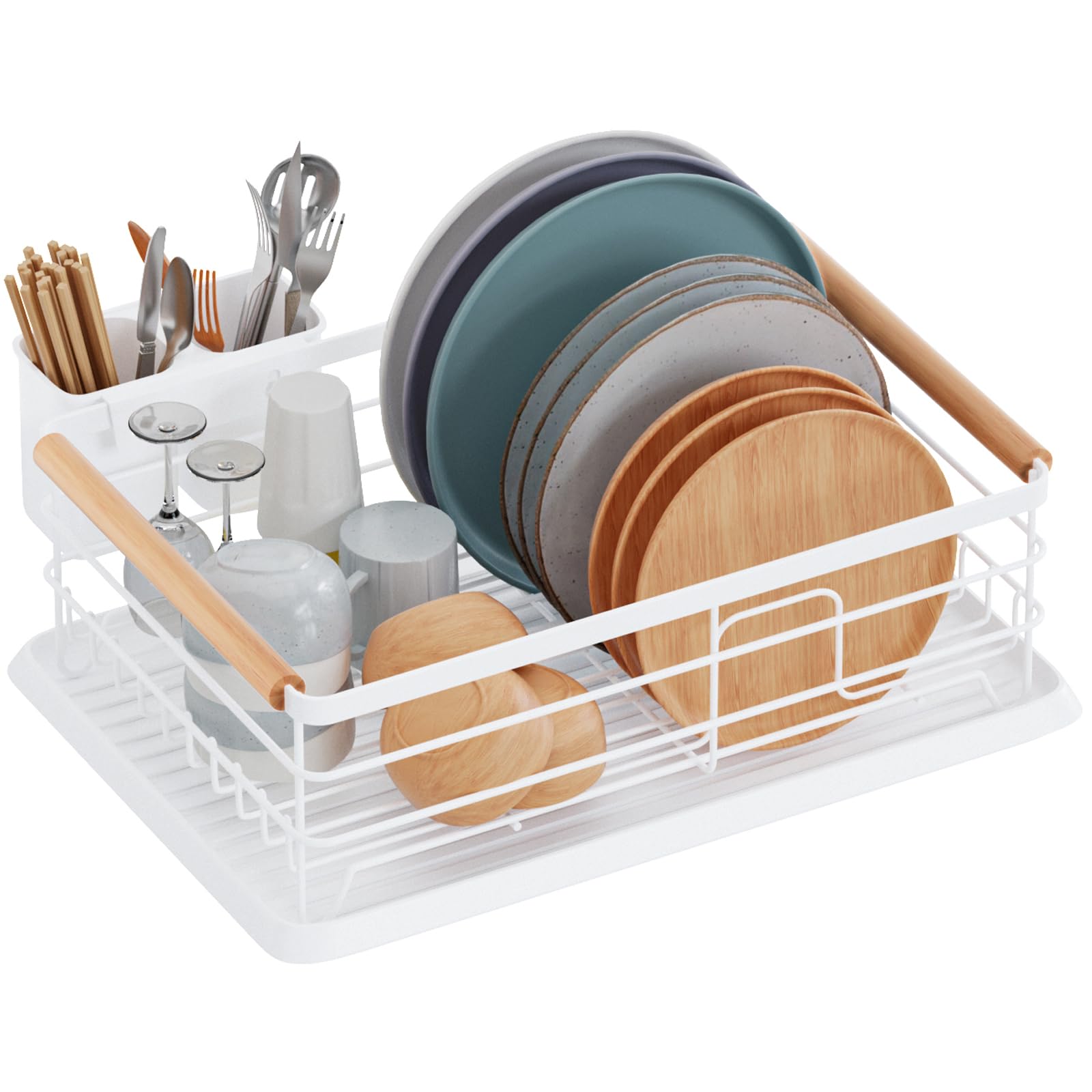 BRIAN & DANY Escurreplatos con Mango de Madera, Escurridor de Platos, Soportes para Platos, 42 x 30 x 15 cm, Blanco