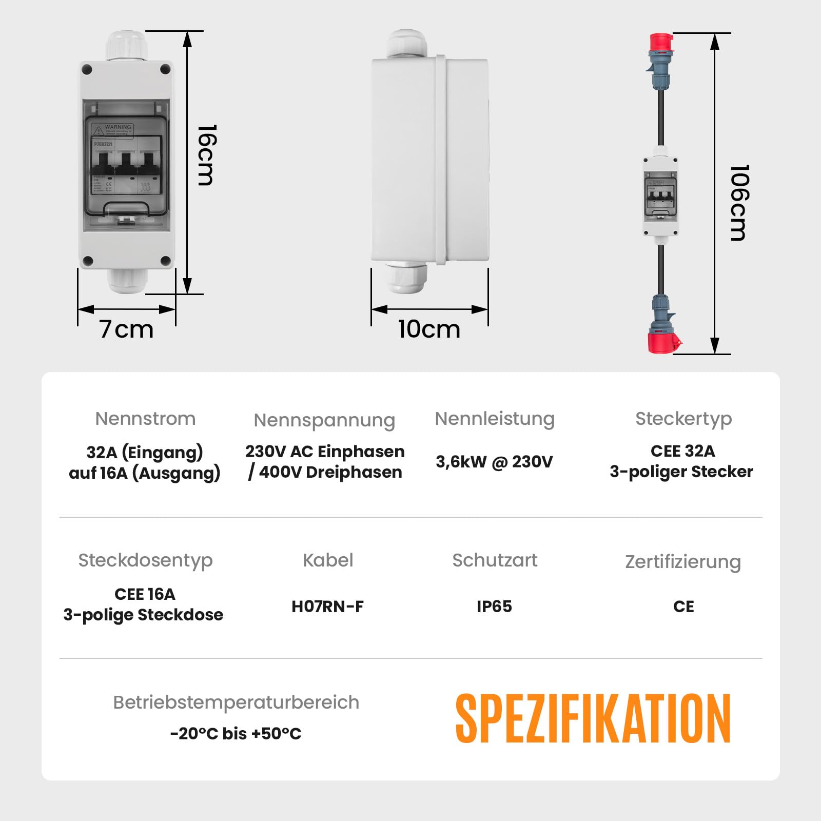 Adattatore CEE maschio 32A a 16A adattatore 415V 2,5mm² – Cavo conversione senza attrezzi, protezione IP44 a 5 poli per campeggio, cantiere, officina (32A a 16A 3P 415V)