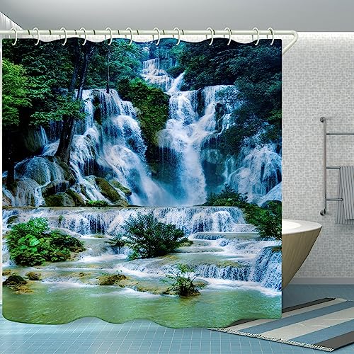 Image of LYFANS Bathroom Uses 3D Shower Curtain with Alpine Waterfall, Luxury Bathtub Waterproof Shower Curtains, Bright Fabric Shower Curtain, Size (72x79 inches)