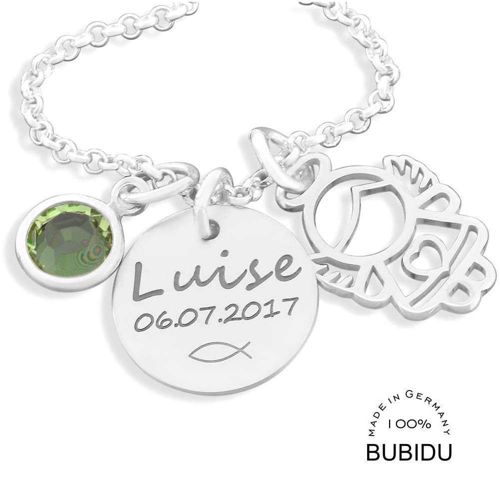 Namenskette Silber mit Gravur und Schutzengelchen Kinderkette Mädchen Taufe Silberkette Namen Engel Kette Geburtsstein Taufkette 925 Silber Schmuck Baby