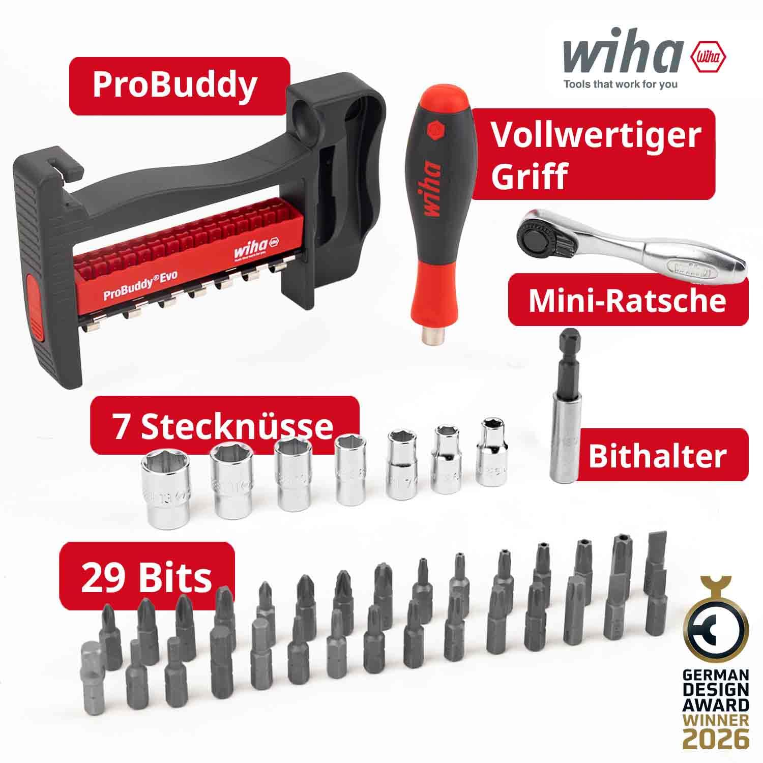 Wiha ProBuddy® Evo 40-tlg. Bit- & Steckschlüssel-Set 1/4" SoftFinish Schraubendrehergriff, Mini-Ratsche 72 Zähne, magnetischer Bithalter I Kompaktes Werkzeugset für Profi, Heimwerker, Fahrrad (46960)