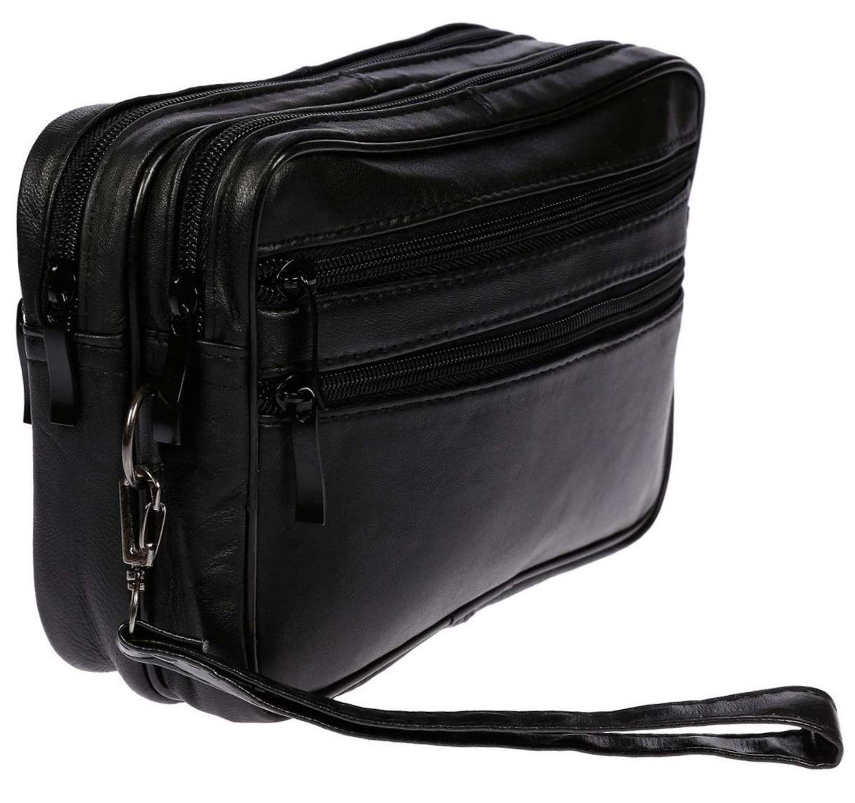 Pochette Sacoche Homme Cuir Noir Agneau Veritable 2 Zips (22x14 cm, Noir)