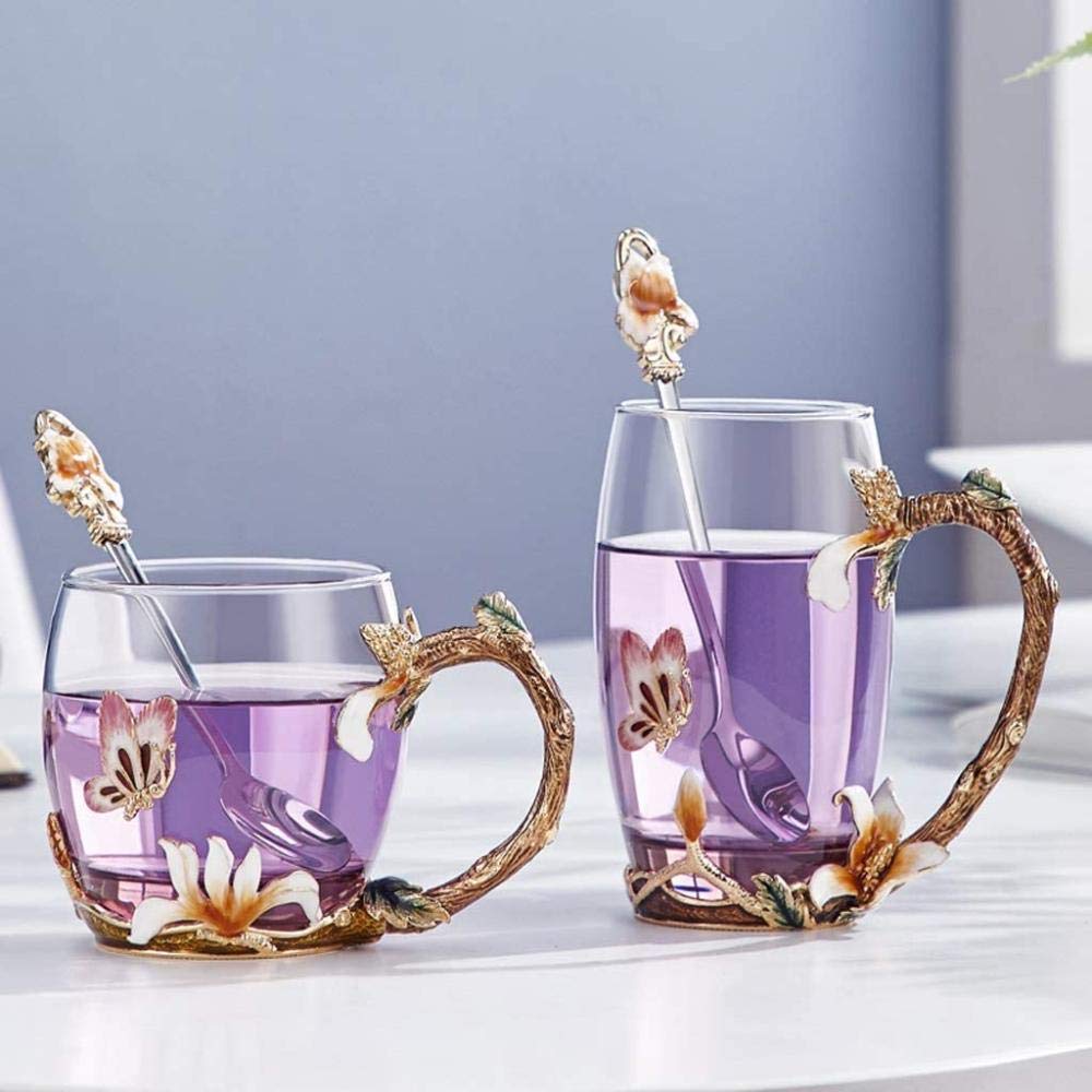 Tasse à café en verre émaillé fleurie 320ml, mug transparent pour thé