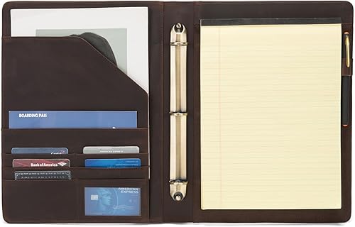 Miniatura 9 de Geslun Cartera de cuero genuino con carpeta de 3 anillas, soporte para bloc de notas A4, soporte para bolígrafo, soporte de cuero profesional,