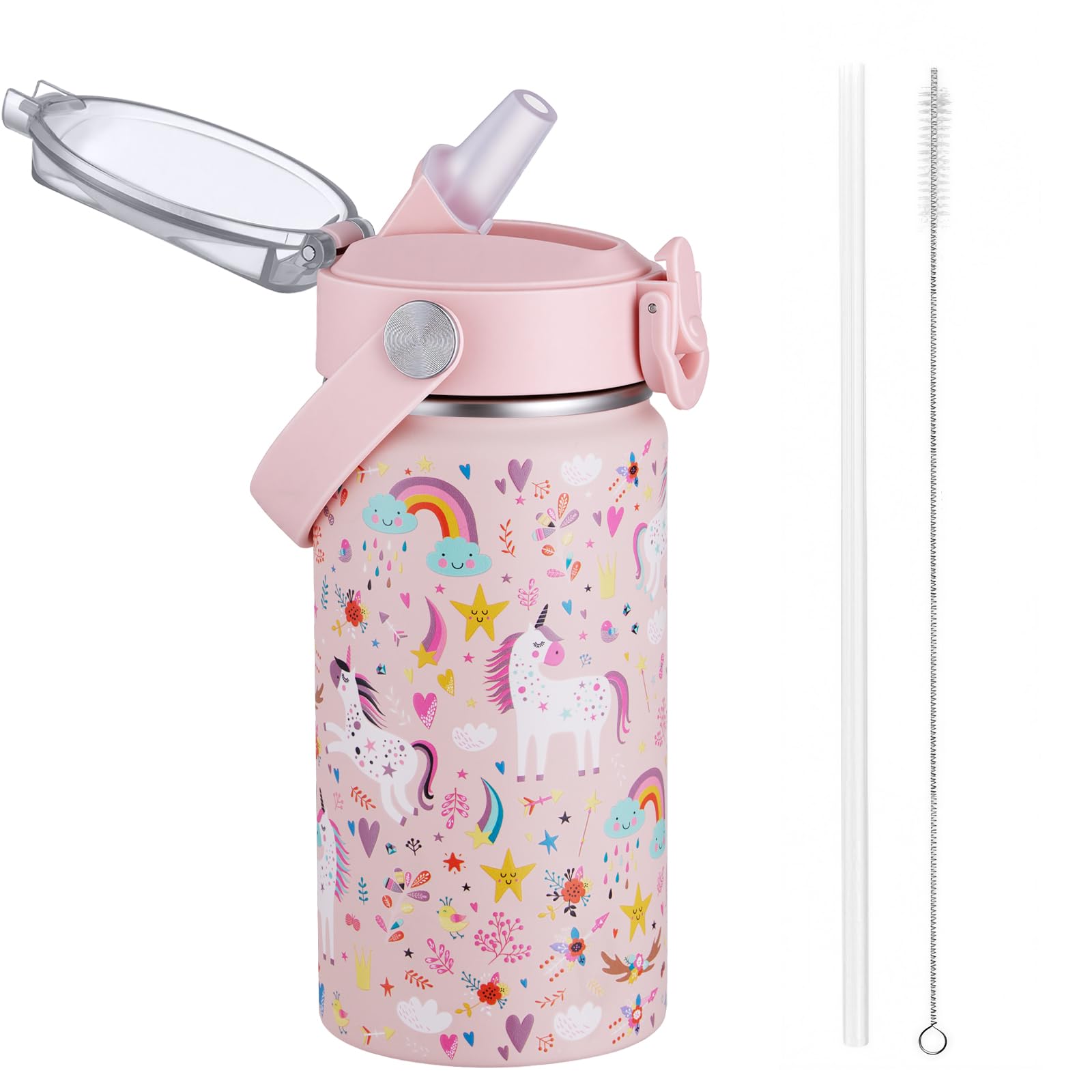 Autsel 420ml Kids Insulated Water Bottle with Straw, Vacuum Metal Leak Proof Drink Flask, BPA-Free, Cute Double Wall Stainless Steel Child's Flask,Boys Girls Bottles