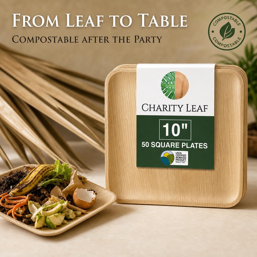 Charity Leaf - Platos desechables de hoja de palma como juego de platos cuadrados de bambú| bodas, tablas de embutidos, barbacoas y fiestas | Platos Cuadrados (50, 10 Cuadrados)