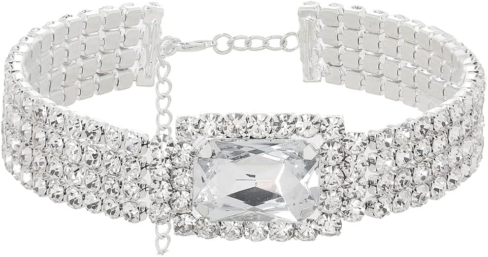 ELABEST Sparkly Rhinestone Necklace Silver Multi-Row Choker Crystal Choker Tennis Necklace Dainty Wedding Bridal Bridesmaid Jewelry for Women - Image 2