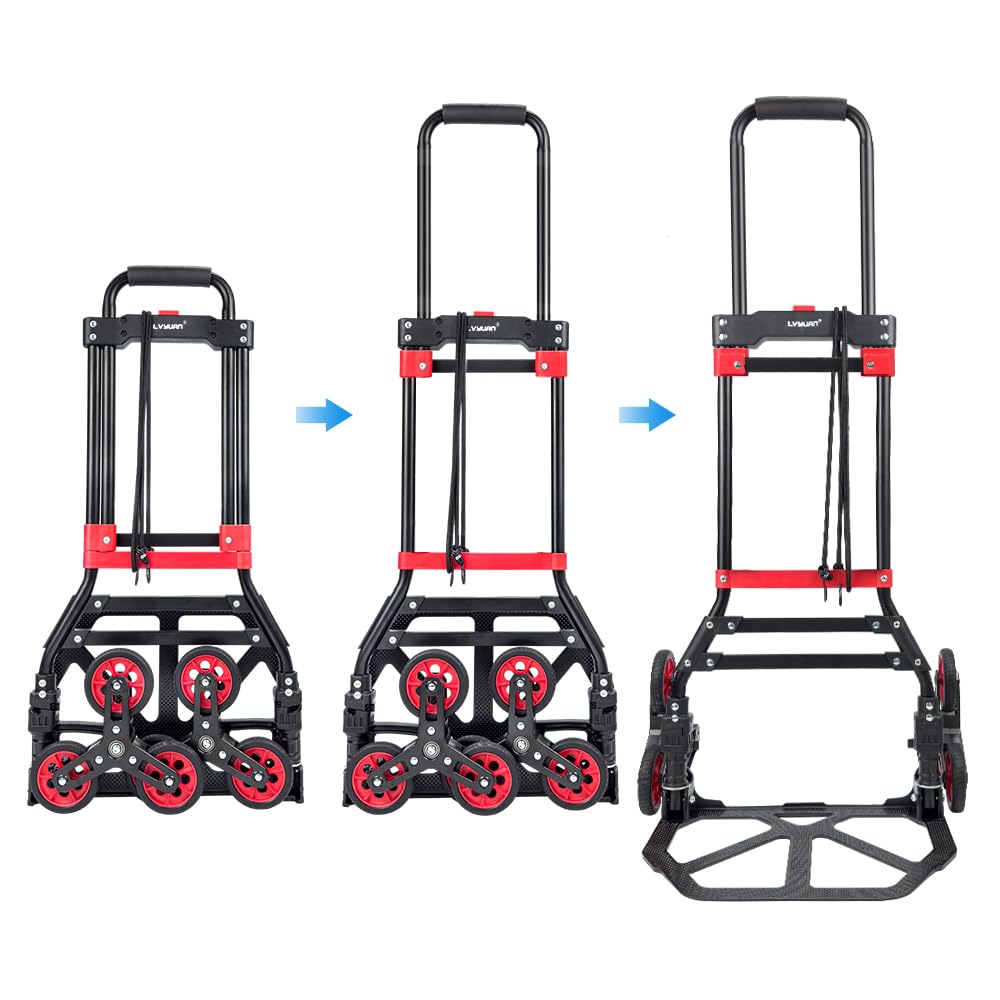 LVYUAN（リョクエン）キャリーカート 階段 3輪 軽量 台車 折りたたみ 静音 大型タイヤ 高さ調節 組み立て不要 固定ロープ付 荷物運搬 業務用 ハンドトラック 引越し 釣り アウトドア アル 均等荷重100kg 軽量 1030-6A (レッド+ブラック)M SIZE