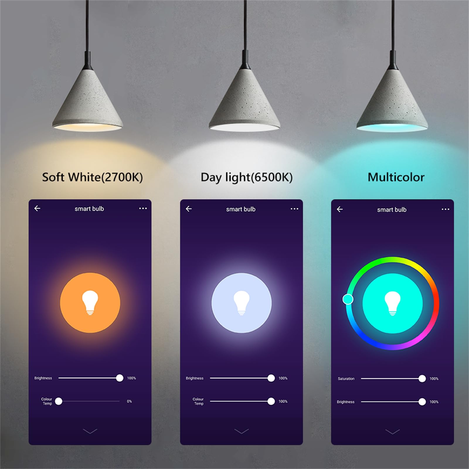 Bombillas LED Wifi Inteligentes TUYA RGB Multicolor Para Alexa Google Home Temporización Regulable 12W, 1300L 6500K E26 Bombilla De Luz LED Inteligente,2pcs