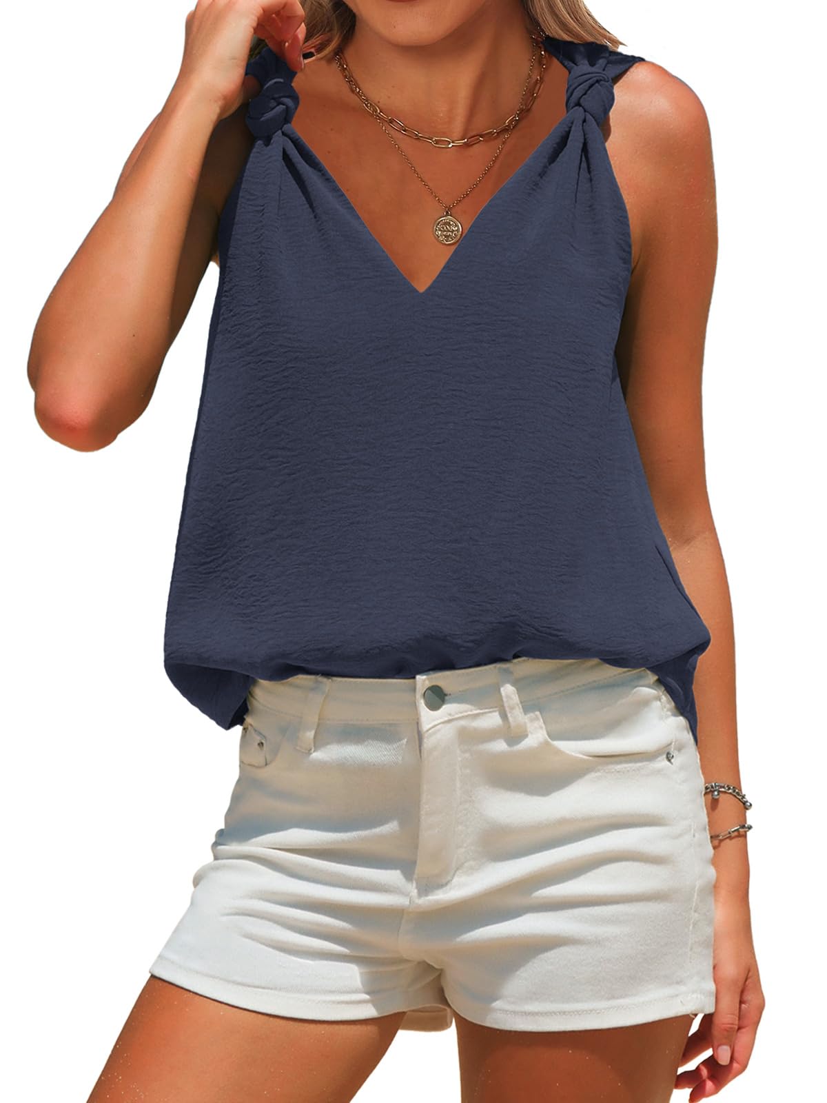 EXLURA Womens Summer Tank Top Business Casual V Neck Knotted Sleeveless Blouses Fashion Trendy Dressy Work Shirt Outfits 2025