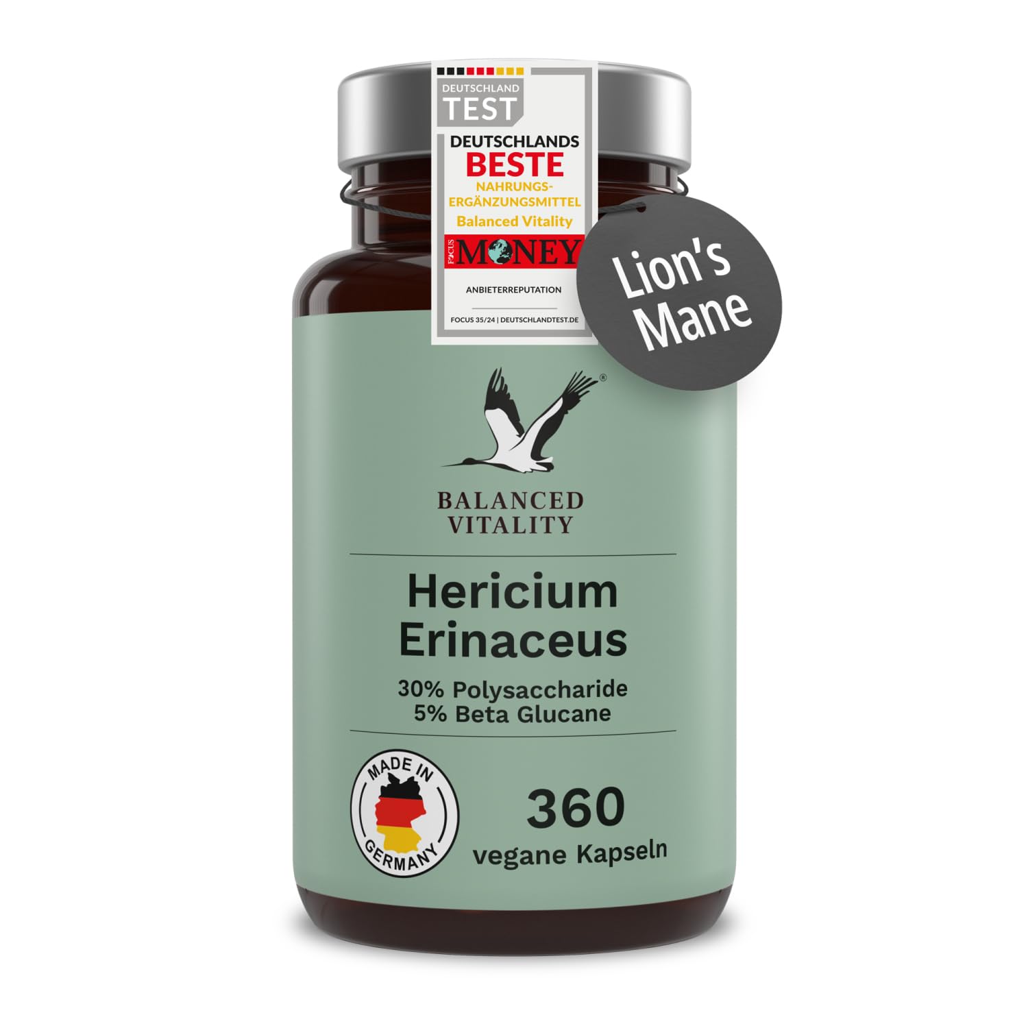 Lions Mane Kapseln - Hericium Erinaceus Extrakt 30:1-360 Stück für 3 Monate - Tagesdosis 2.000 mg - ohne Zusatzstoffe - laborgeprüft - Balanced Vitality