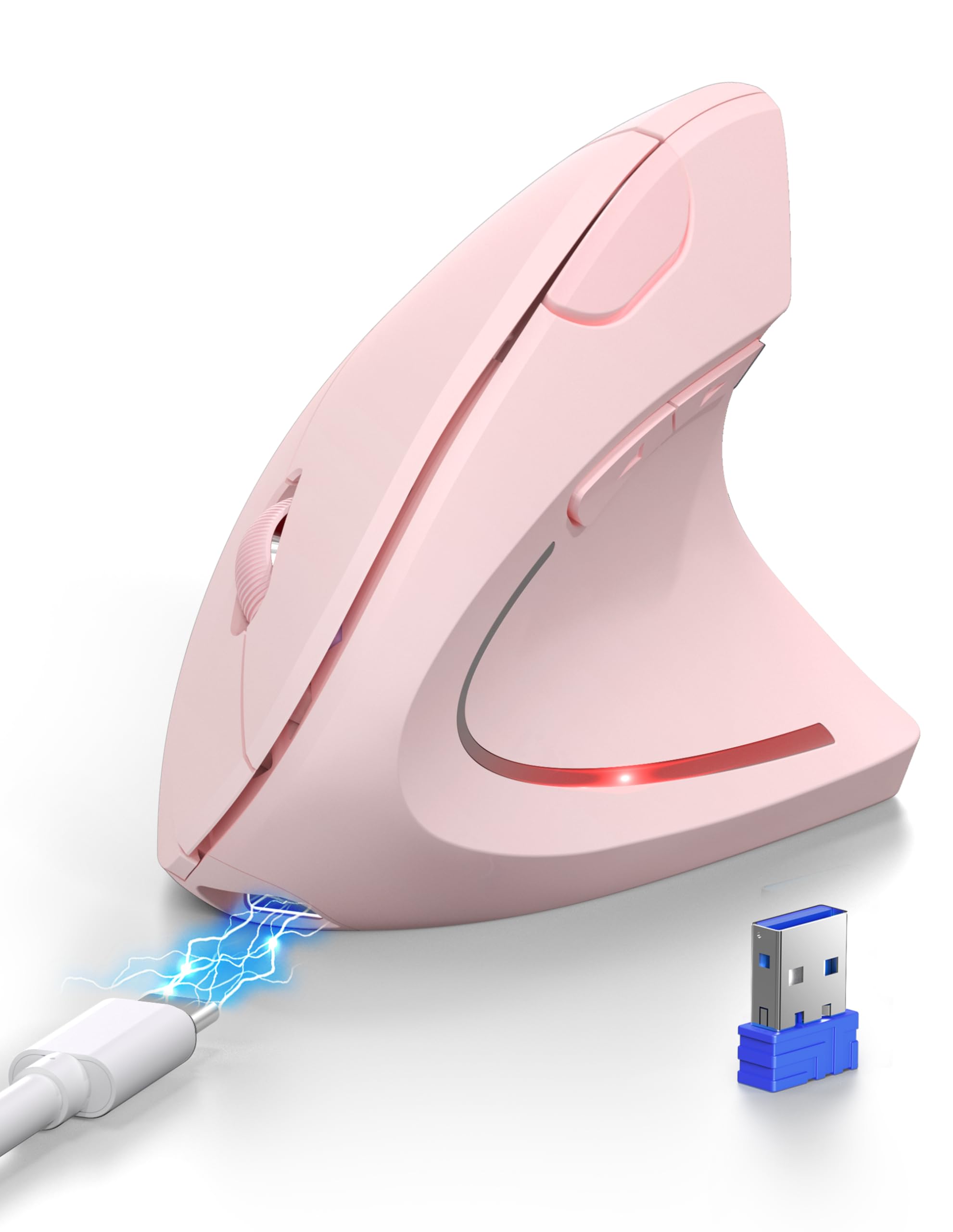 TECKNET Rechargeable Wireless Ergonomic Mouse, Bluetooth Vertical Mouse (BT 5.0/3.0 + 2.4G), 4800 DPI Silent Mouse with 6 Adjustable DPI, 6-Button Computer Mouse for Laptop, PC, MacBook, iPad - Pink
