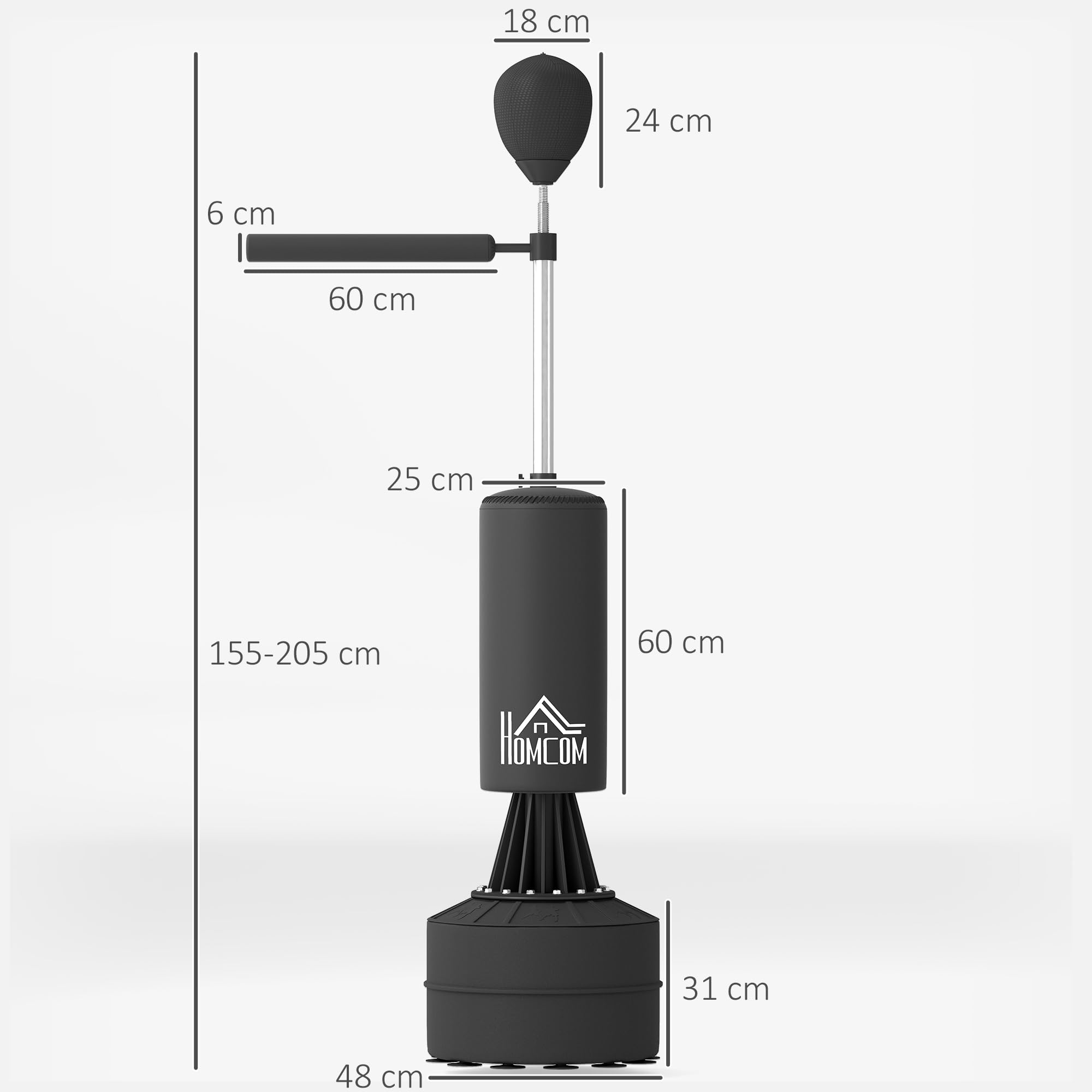 HOMCOM Sac de Frappe sur Pieds Punching Ball brunier 3 en 1 avec Ballon de Vitesse Bras Flexible Rotatif Hauteur réglable revêtement synthétique Base HDPE dim. 88L x 48l x 155-205H cm