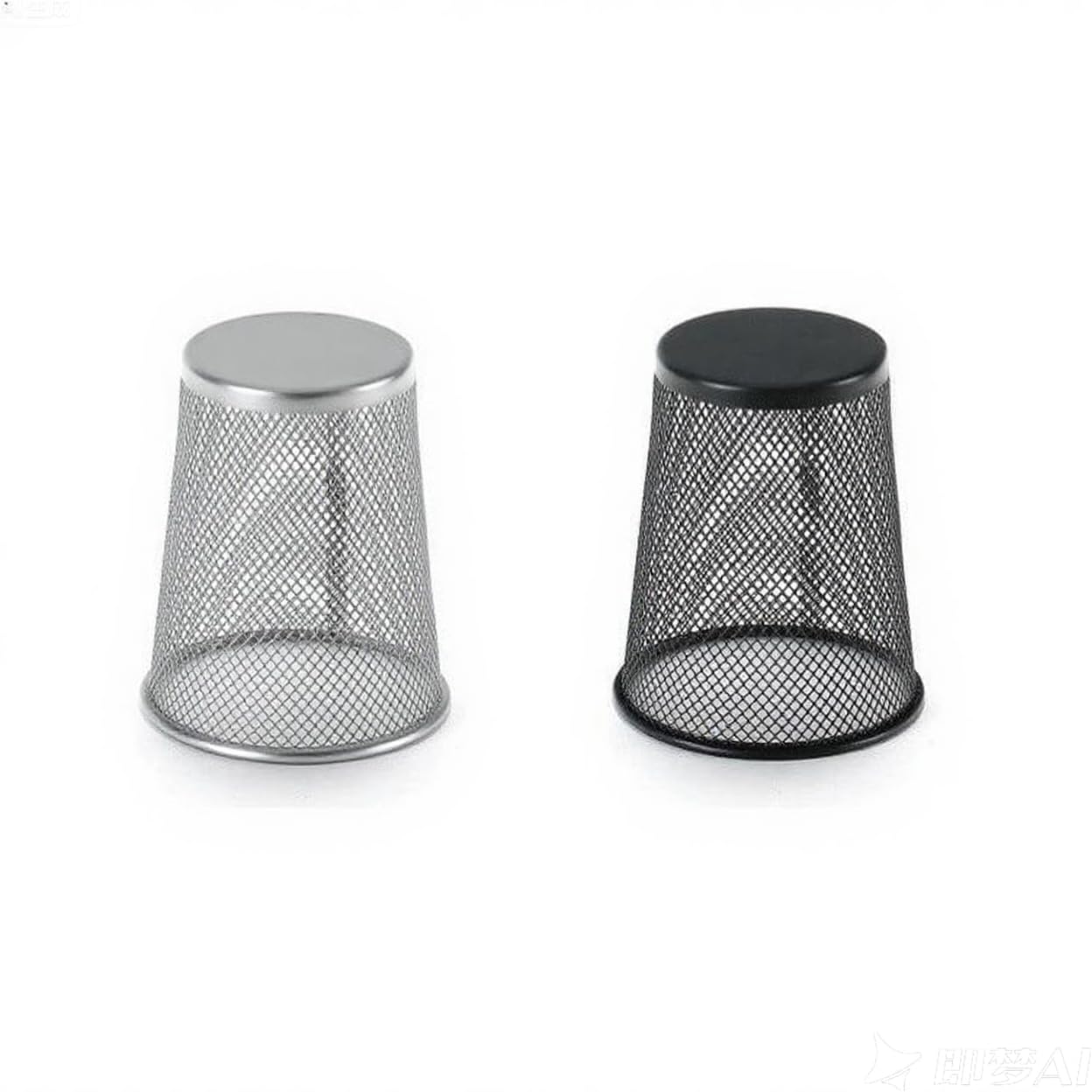 2 Pack Black and Silver Tapered Mesh Pencil Holders, Metal Pen Cups, Desk Organizer for Office, Home, or Makeup Brushes
