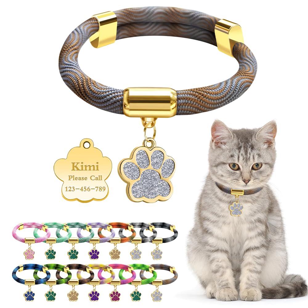 Personalized Breakaway Cat Collars with Magnetic Quick Release Buckle, Custom Engraved Name Tag for Cats (Wavy Brown)