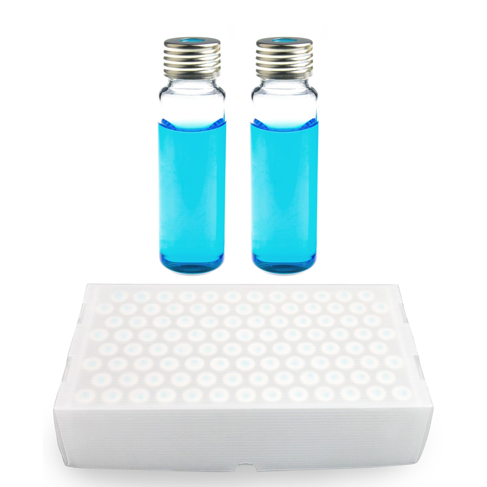 ALWSCI 100 Frascos de Vidrio 20 mL, Cristal Transparente de Borosilicato, Fondo Redondeado, Cierre Magnético de Precisión de 18 mm, con Revestimiento de Silicona azul PTFE/Blanco