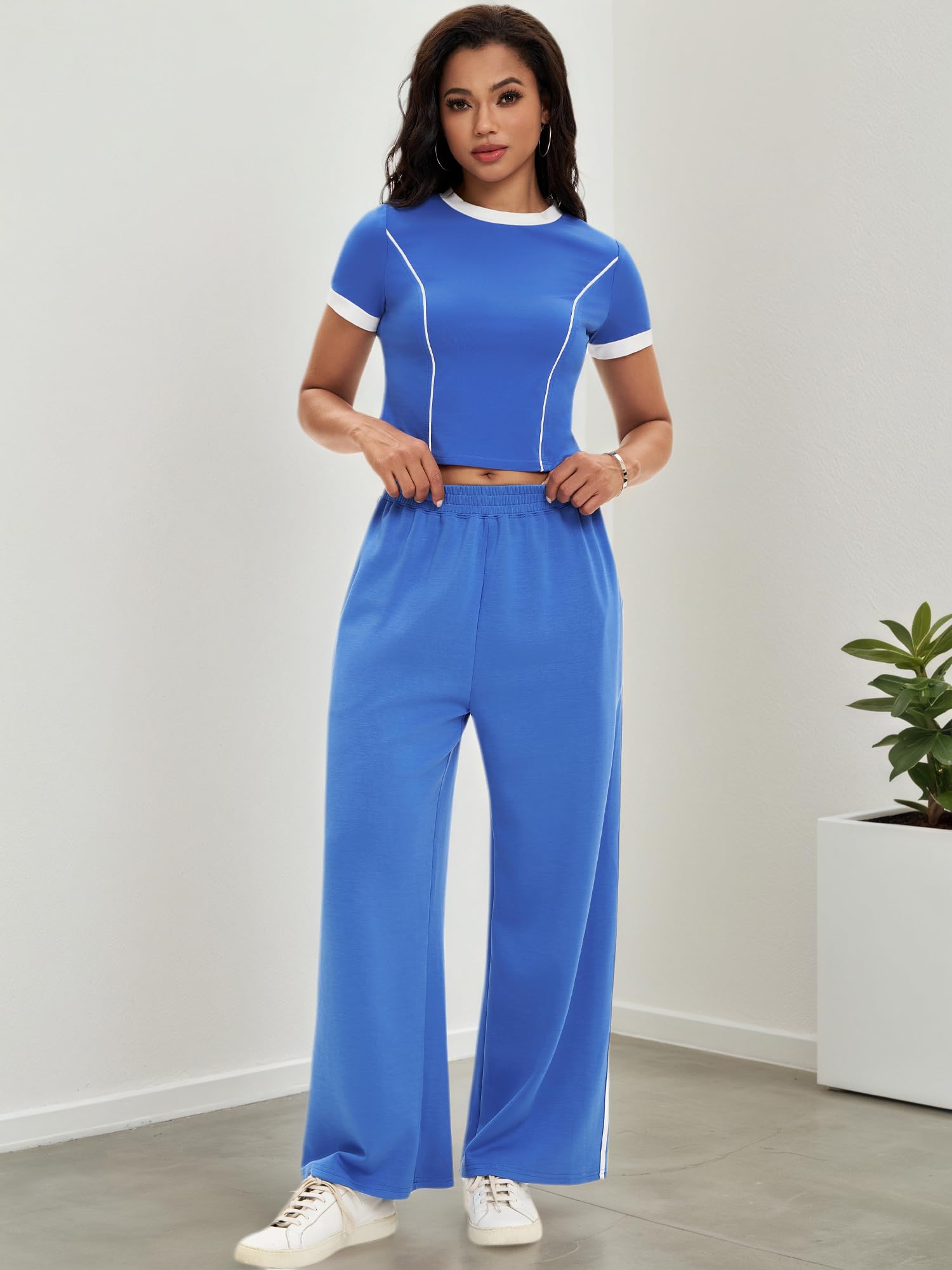 Damen Zweiteiliges Set Crop Top Weite Hose Trainingsanzug