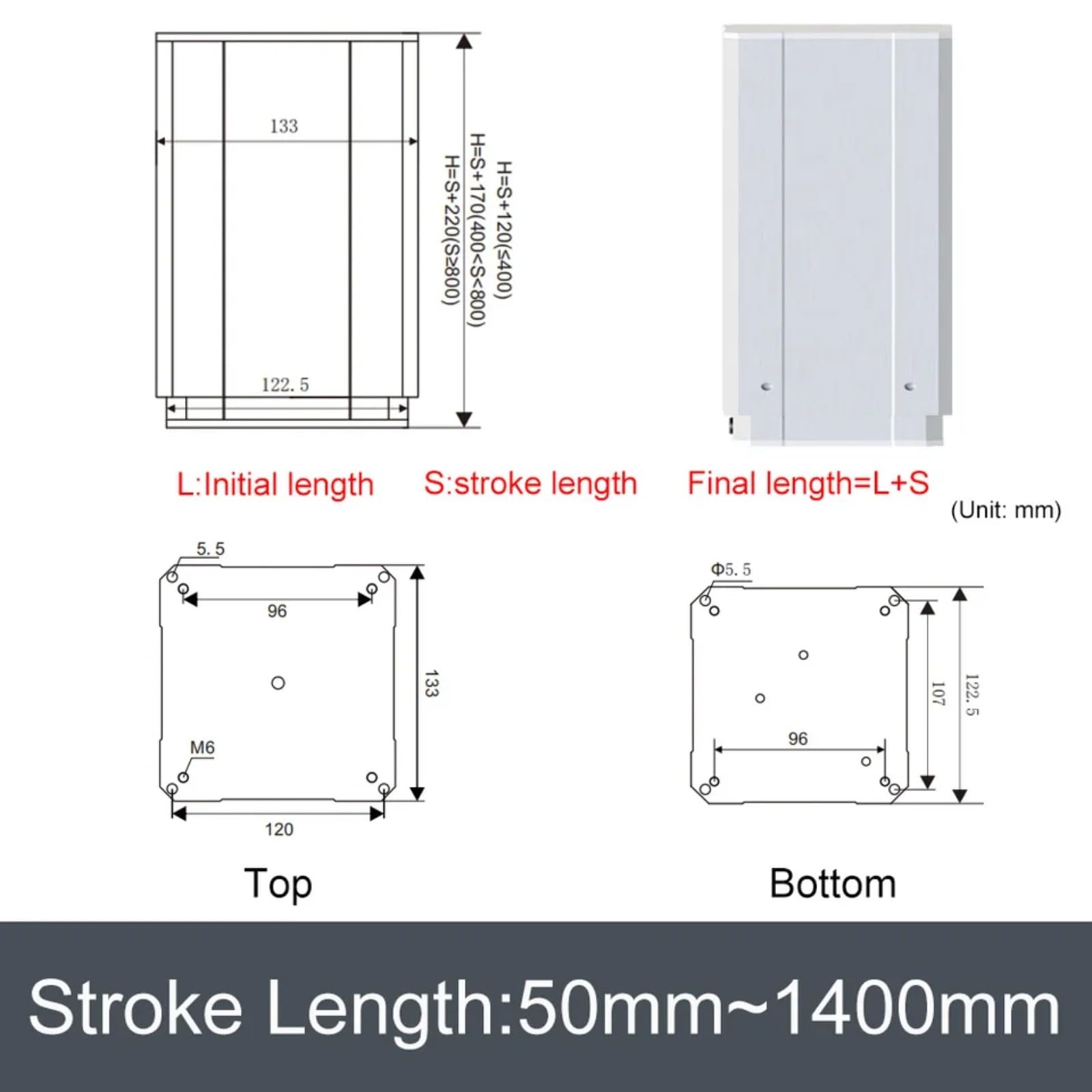 2700N DC24V Aufzugspalte 50mm ~ 1400mm Fahrt 10kg/50kg/80kg/120kg/270kg Ladung 40mm/s(350mm Travel; 120kg Load 9mms)