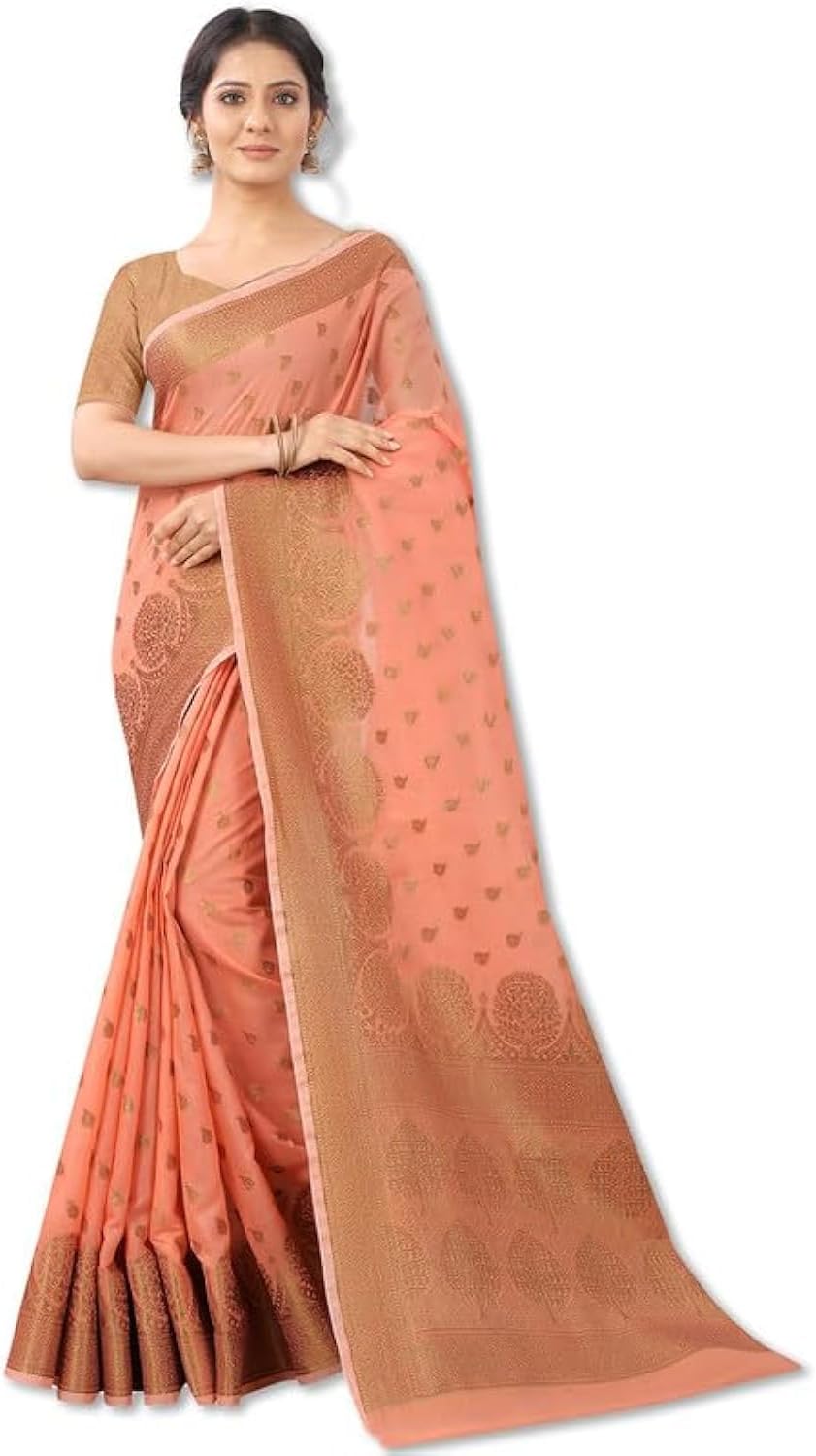 leeza store Womens Silk Cotton Golden Zari Rich Pallu Banarasi Saree With Blouse Piece