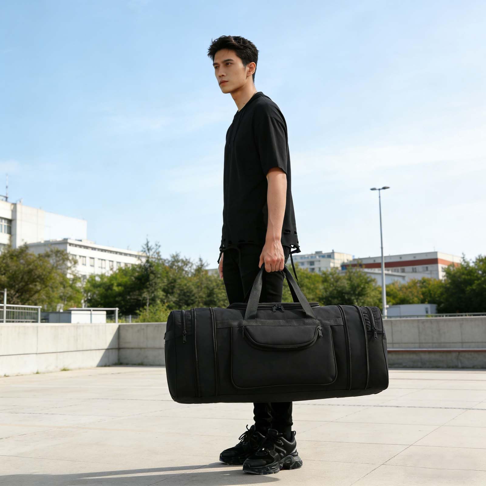 Bolsa De Viaje Hombre Mujere 62/92/115L Bolsa de Deporte Gimnasio Grande Bolso De Lona Hidrófugo Plegable Travel Duffel Bag Gym Bag Sport Duffle con Compartimento (Negro, 115L)