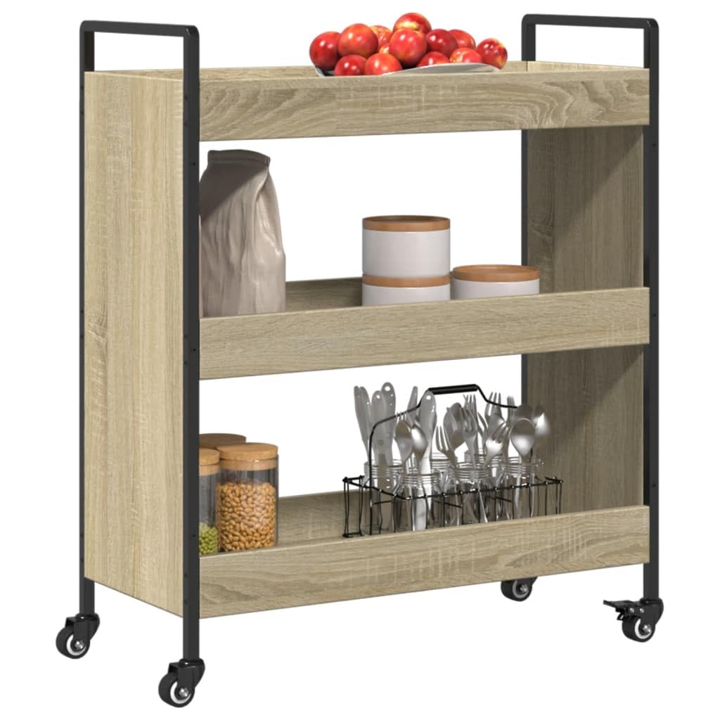 Wózek kuchenny dąb Sonoma na kółkach, 70 x 30 x 82 cm, materiał drewnopochodny i stalowa rama, zwijany z miejscem do przechowywania, półką i szufladą do kuchni, jadalni, blatu roboczego i