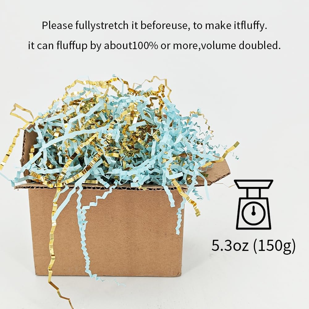 5.3 OZ Blue & Gold Crinkle Paper Filler Shredded Confetti Stuffing Paper for Gift Baskets Boxes and Bags Crinkled Cut Papers Shred Basket Grass for Birthday and Christmas Box Filling - Image 2