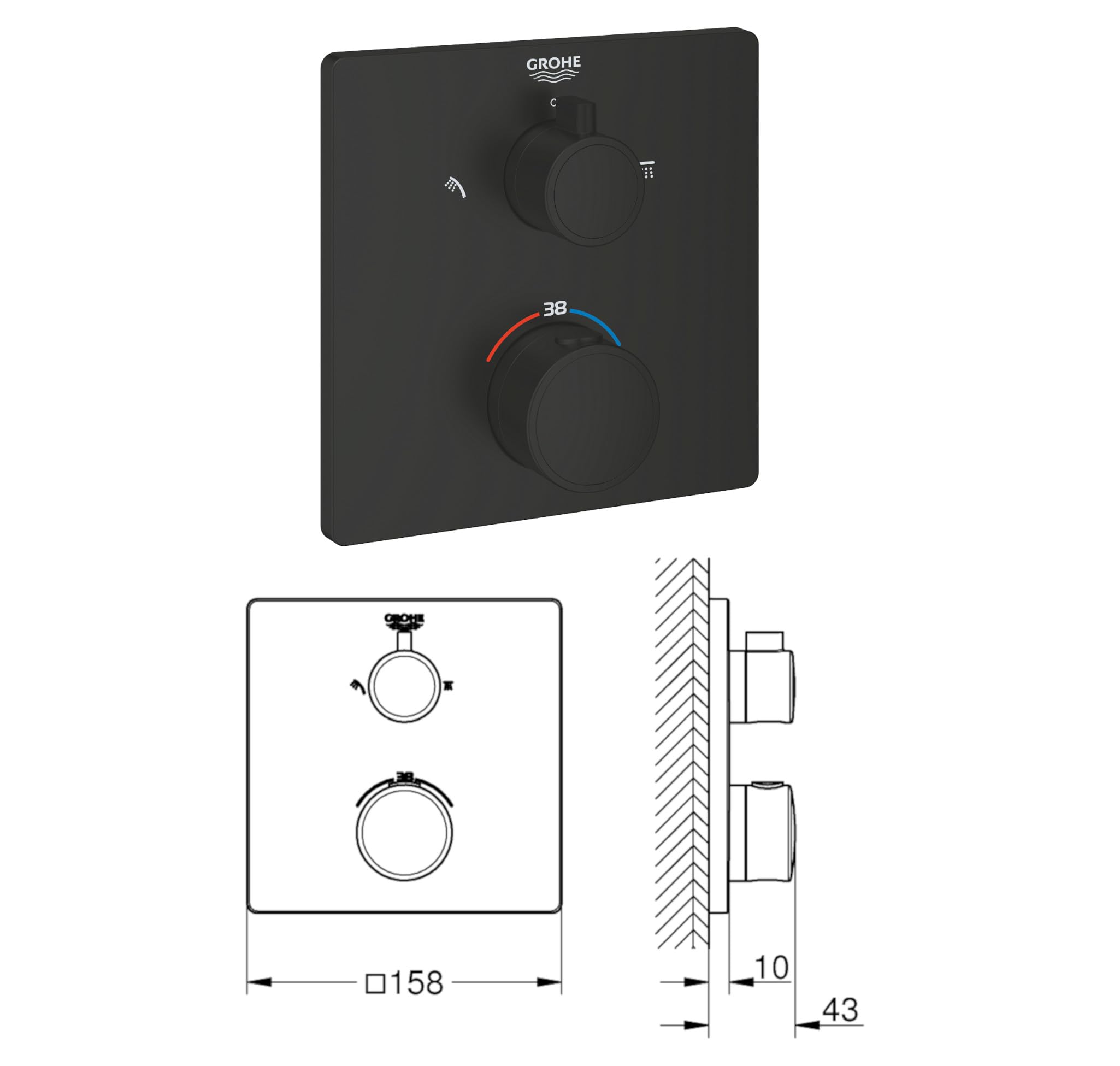 vanvilla Duschsystem mit Unterputz Duscharmatur von Grohe Grohtherm Thermostat und vanvilla Regendusche mit Armatur, Duschkopf, Dusch-SET GS05 schwarz matt