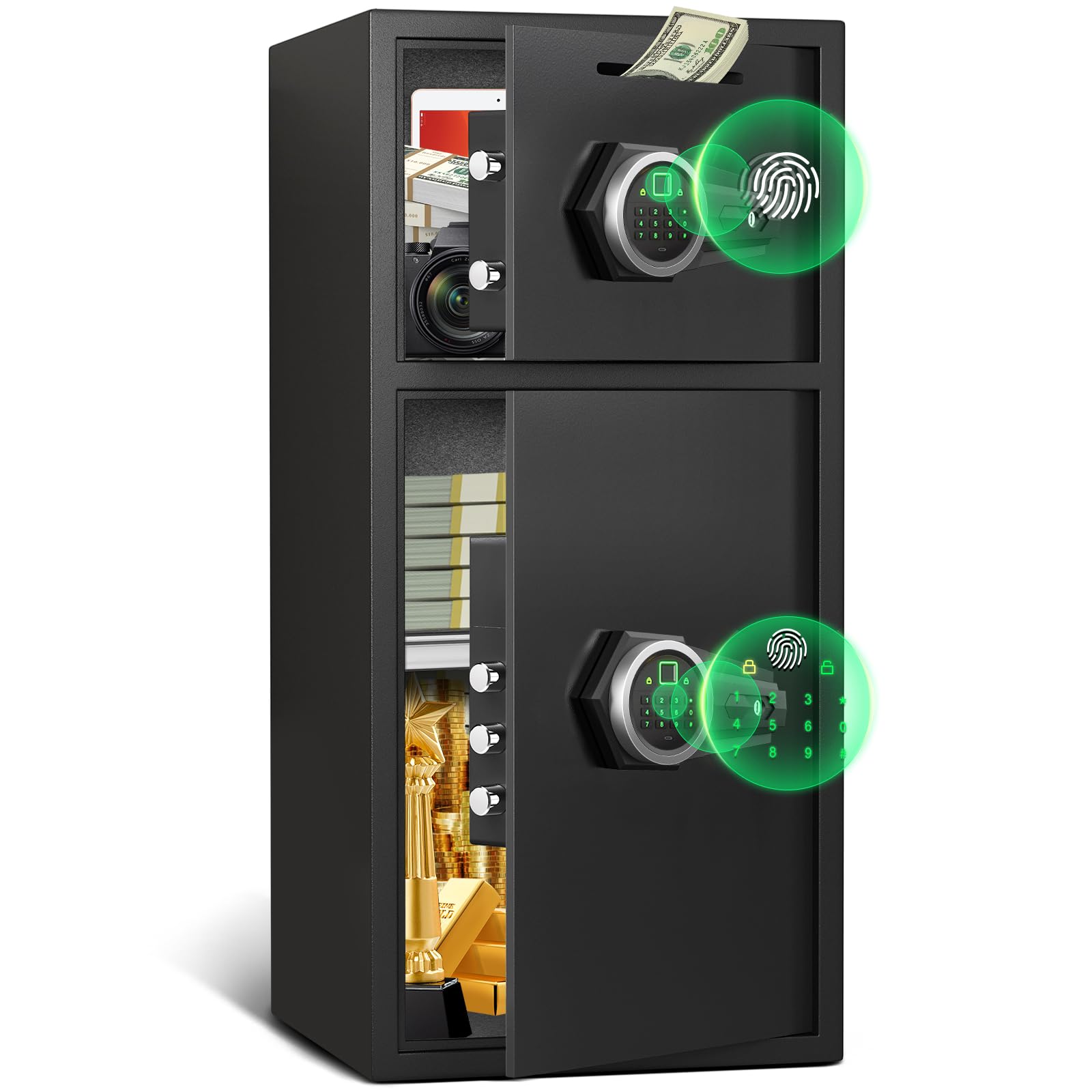 kavey 6.5 Cub Large Safe Box Fireproof Waterproof, Money Safe with Deposit Slot & Backlit Keypad for home Documents,Fingerprint Personal Safe with