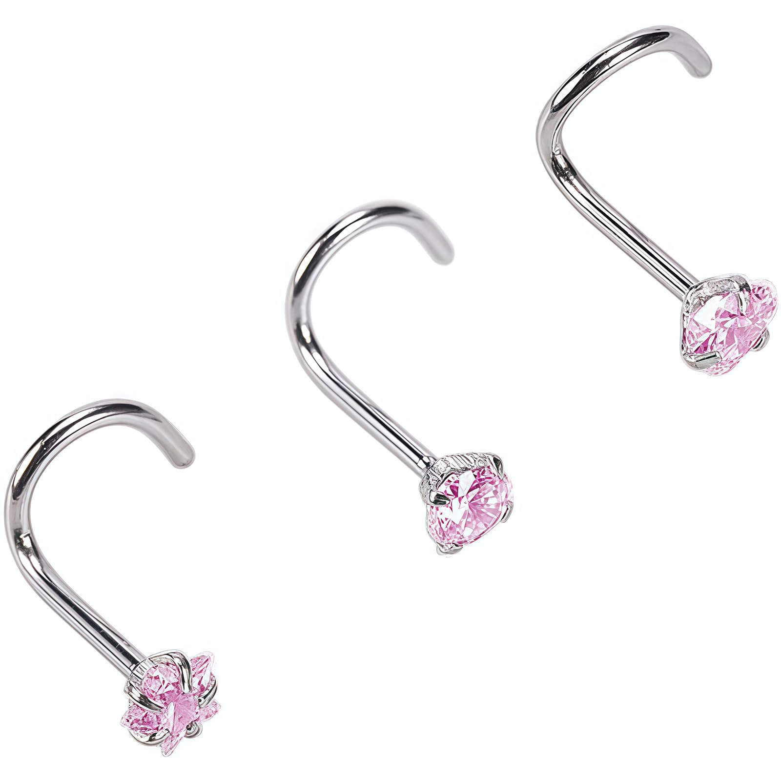 UPSTORE 1SET/3PCS(Round+Heart+Star) 20 Gauge/0.8mm Curved Nose Rings Stainless Steel Nose Studs Cubic Zirconia Screw Piercing Tool Body Jewelry for