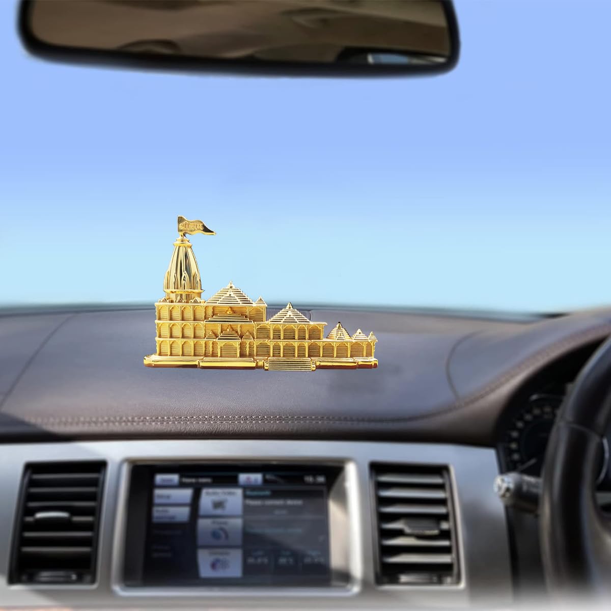 Saugat Traders Shri Ram Mandir Model for Car Dashboard Small Size | Metal Showpiece Gold Plated | Diwali Gifts | Spiritual | Good Luck | Gift Item -Golden Color