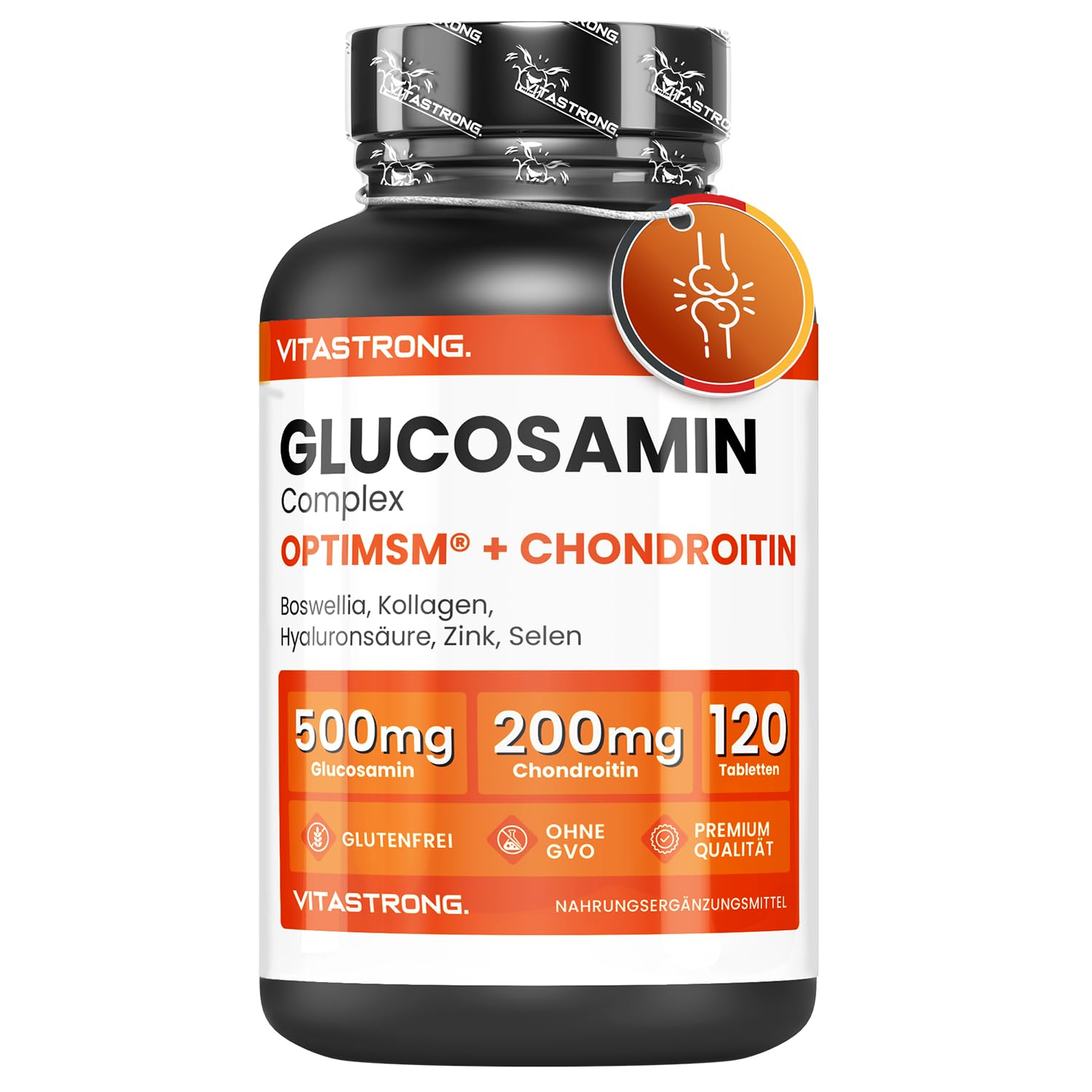 Vitastrong Glucosamin Chondroitin MSM Komplex mit Kollagen, Hyaluronsäure, Zink, Selen, Mangan & Boswellia, 120 Tabletten, Premium Gelenk, Knochen- & Knorpel-Formel, Glutenfrei & Ohne Gentechnik