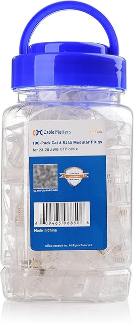 Cable Matters 100 Pack Cat 6, Cat6 RJ45 Modular Plugs for Solid or Stranded UTP Cable, RJ45 Plugs