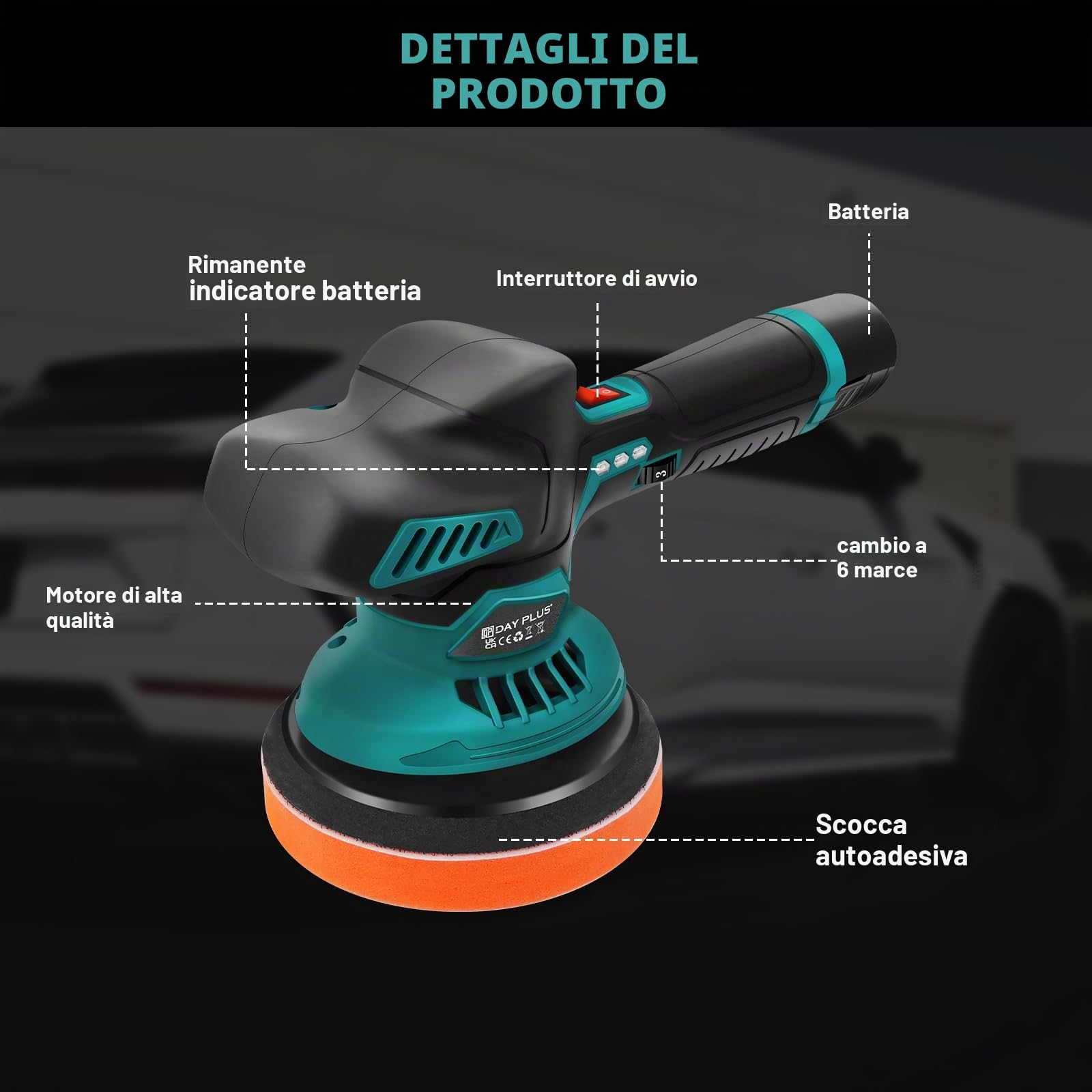 Lucidatrice a batteria per auto, lucidatrice eccentrica, 12 V, con 2 batterie e 22 accessori, 6 velocità variabili per la cura dell'auto, lucidatura, ceratura, rimozione dei graffi – Set di
