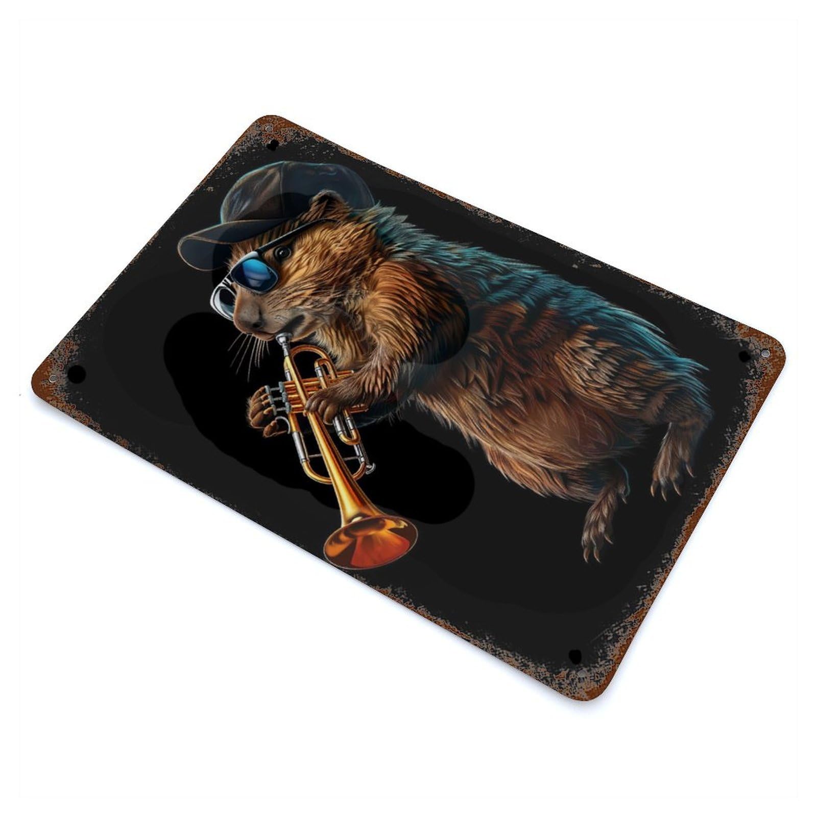 Beaver Trumpet 11.8"x7.9" Distressed Metal Wall Sign, Shabby Chic Decor for Office, Studio And Wall Decor
