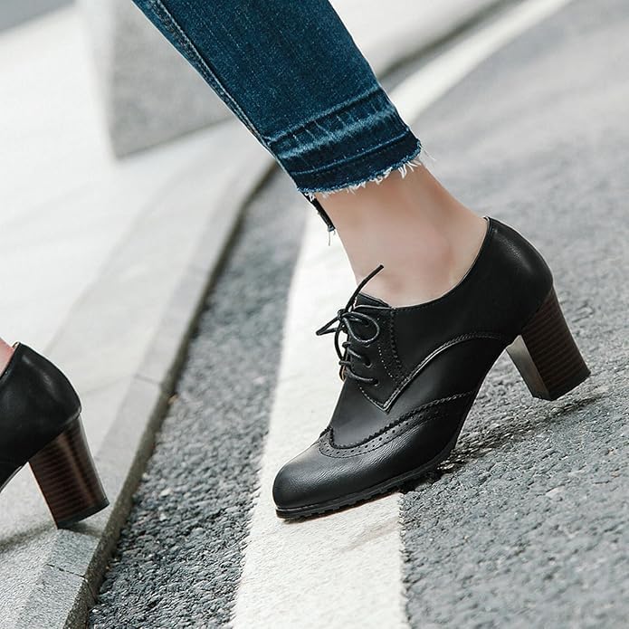 Women's Chunky High Heels Wingtip Oxfords Round Toe Lace Up Chunky Block Heel Office Shoes Party Dress Shoes4