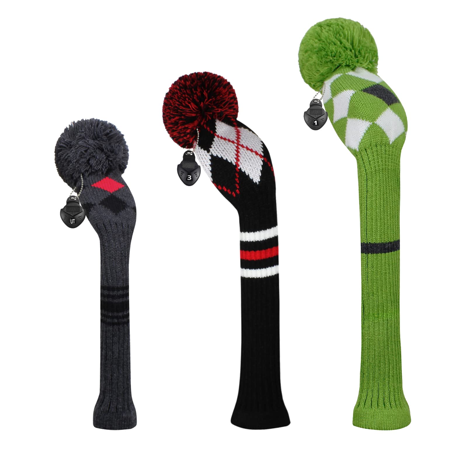 Scott Edward Mix and Match ニットゴルフクラブカバー かわいいポンポン付き ドライバーヘッドカバー3点セット フェアウェイヘッドカバー 1点 ハイブリッド/UTカバー 1点 ベストカラーコンビネーション1点