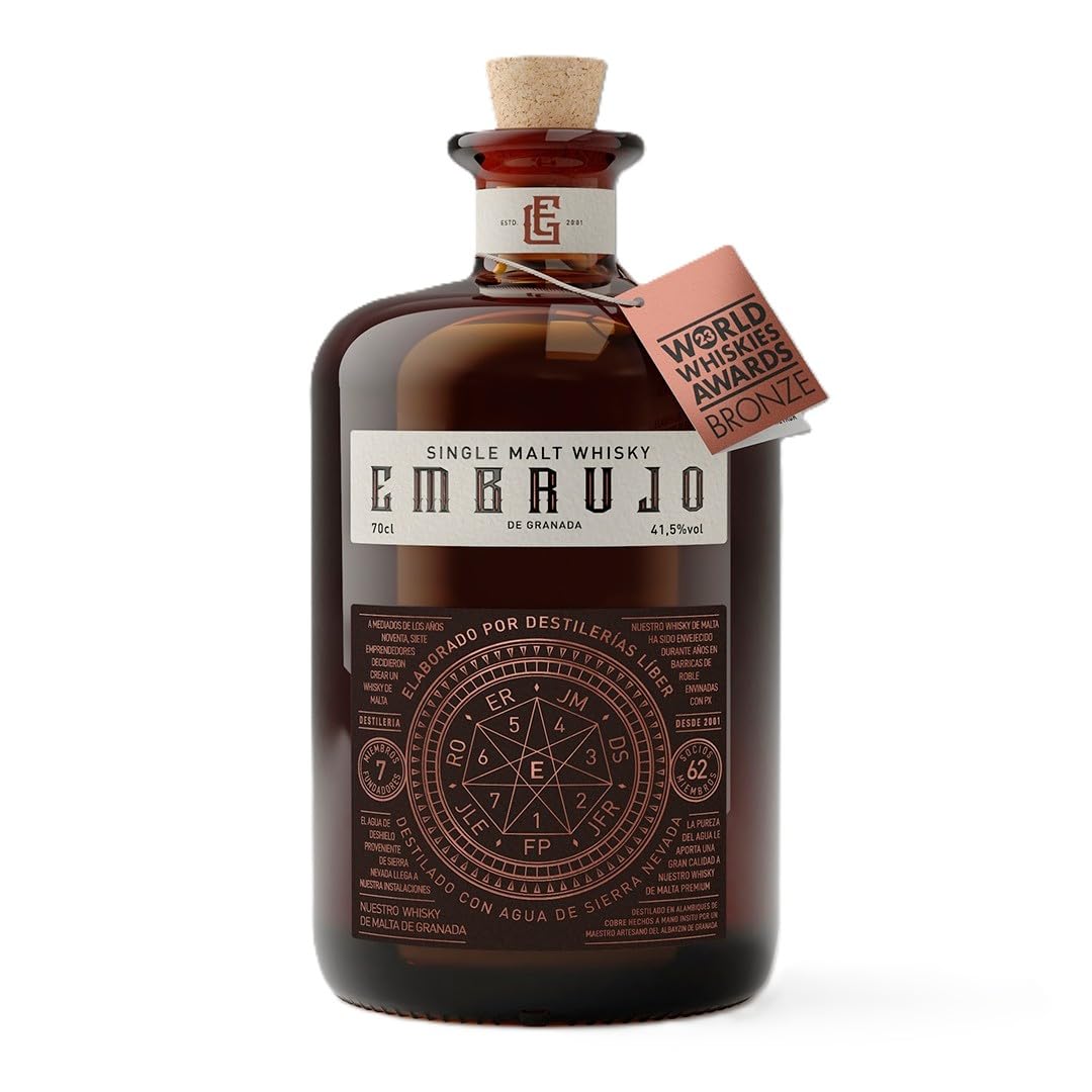 Embrujo de Granada® | Whisky Single Malt Español 9 Años | 41.5% Vol | Maduración en Barricas Pedro Ximénez | Agua de Sierra Nevada | Edición Artesanal | 70cl | Ideal para Iniciación Premium