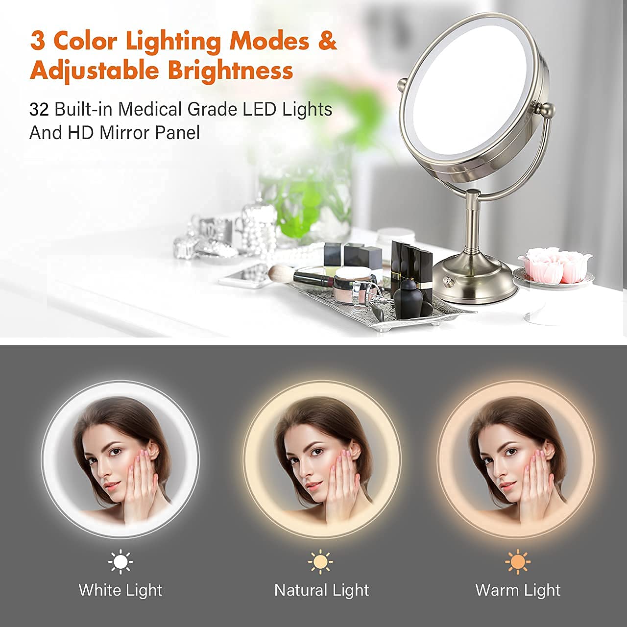 VESAUR 8.5" Large Tall Lighted Makeup Mirror, 1X/10X Magnifying 2 Sided Swivel Vanity Mirror, 3 Color LED Light Brightness Adjustable(0-1100Lux), Senior Pearl Nickel Cosmetic Mirror, Dual Power Supply