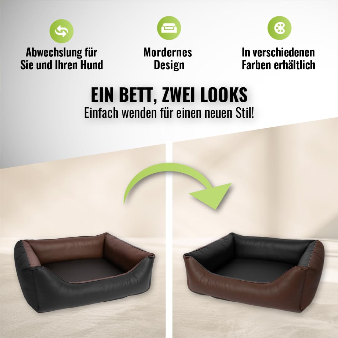 CopcoPet Hundebett Kunstleder Grosse Hunde – Waschbares Hundekissen 【Wendebett】 Hundebett Leder - Formstabiles Hundesofa - Hundekörbchen mit erhöhten Rand, Dog Bed Schwarz/Braun 110 x 90 cm