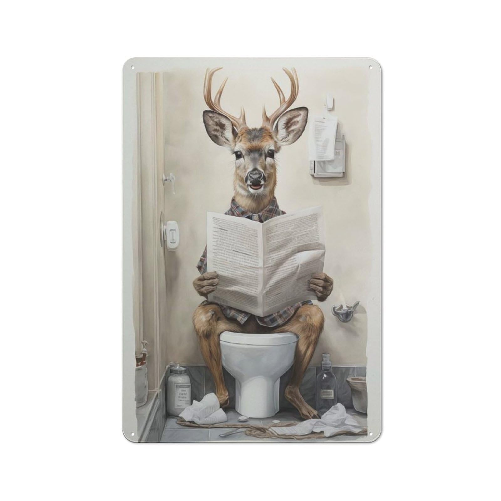 Junmoney Deer Newspaper Toilet Distressed Look Decorative Tin Sign 30X20cm Featuring Retro Room Decor For Bedroom, Office, Home Bar Or Dining Room