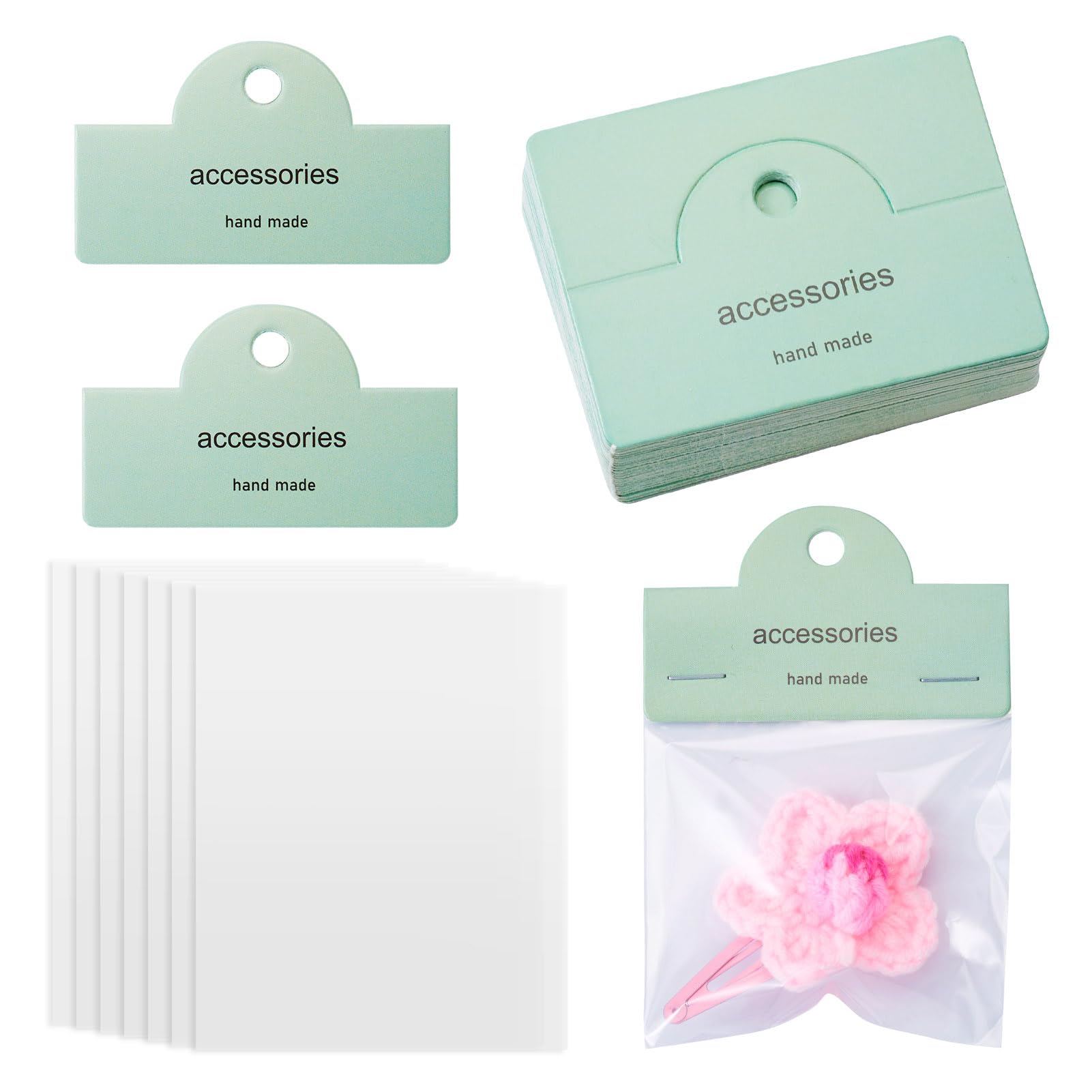 Sparkeads 100 Pcs Bracelet Display Bags for Small Business Tiny Earring Package Pouch Word Accessories Printed Card Head with Clear Bag for Key Chain Jewelry Hair Clip Selling(Green)