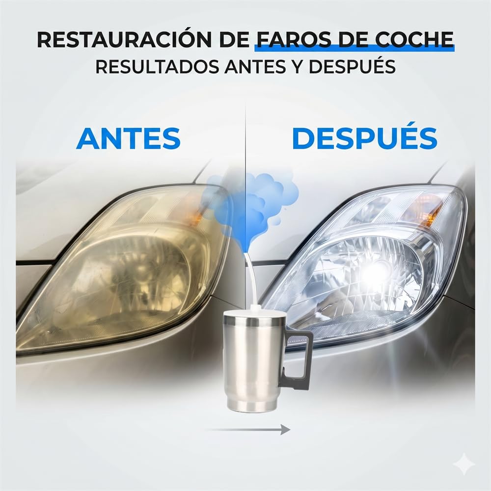 Kit de Restauración de Faros de Coche Profesional, Sistema con Taza de Atomización de Acero Inoxidable y 800g de Líquido Renovador, Elimina Arañazos, Amarillamiento y Oxidación, 12V/220V