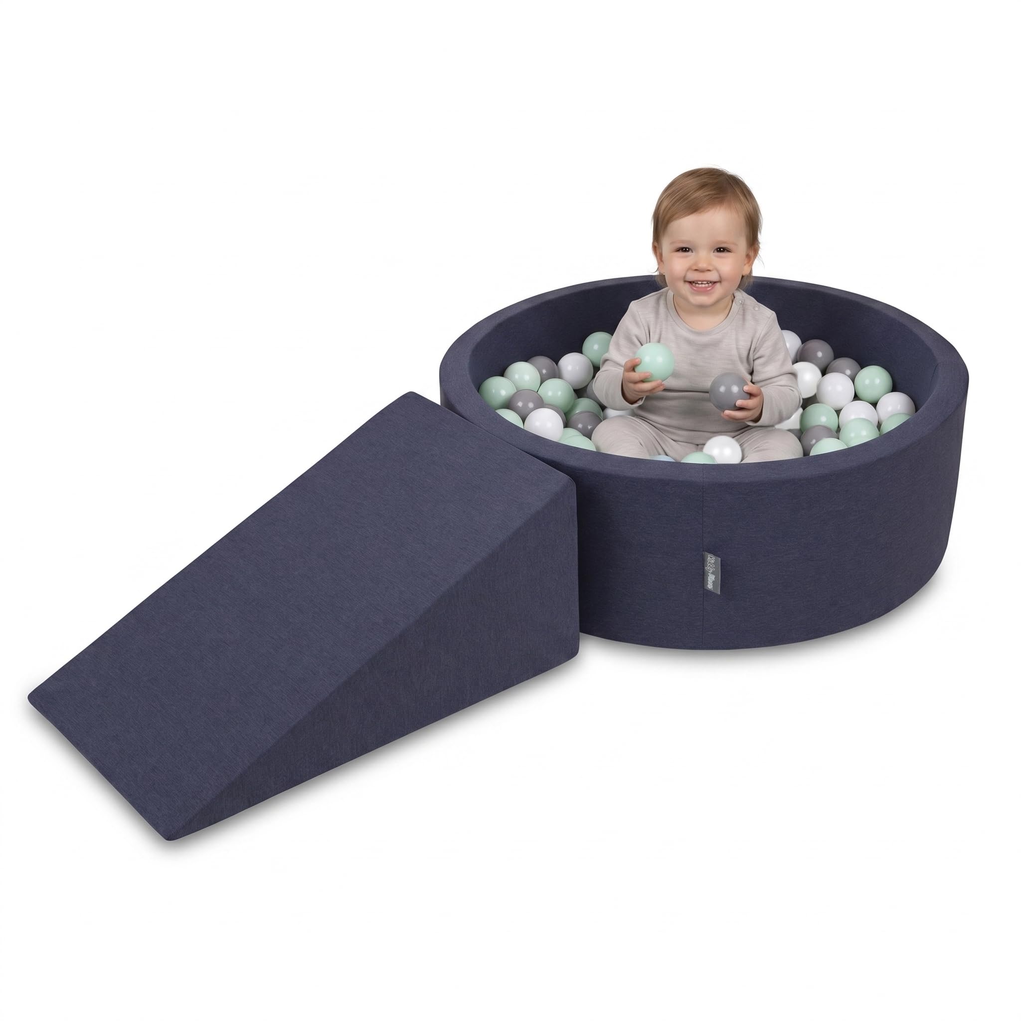 KiddyMoon Soft play set with ballpit 90x30cm and ramp 100 balls 7cm foam playground for babies and toddlers - Dark blue: White Grey Mint