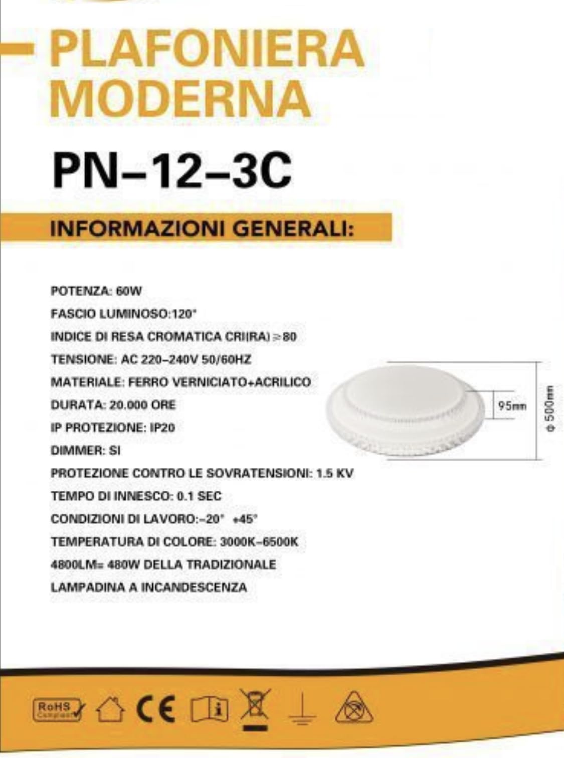 Plafoniera LED da Soffitto 60W con Bluetooth e Telecomando, Dimmerabile 3000K-6500K, Ø50cm, Design Elegante con Decorazioni Acriliche, Luce per Soggiorno Camera Letto, CRI＞80, PN-12-3C