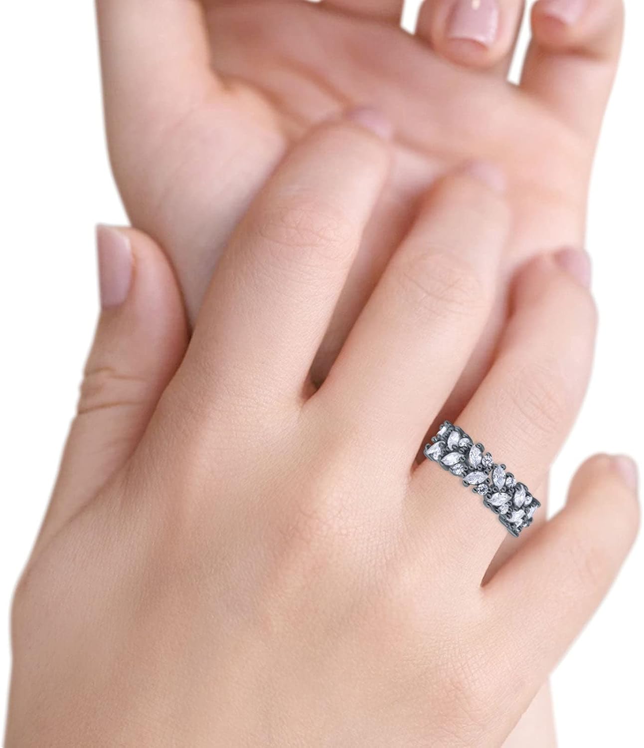 Blue Apple Co. Half Eternity Ring Marquise Wedding Engagement Band Round Pave Simulated Cubic Zirconia 925 Sterling Silver (7mm)