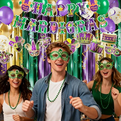 Décoration Mardi Gras tricolore violet doré vert de 28 pièces