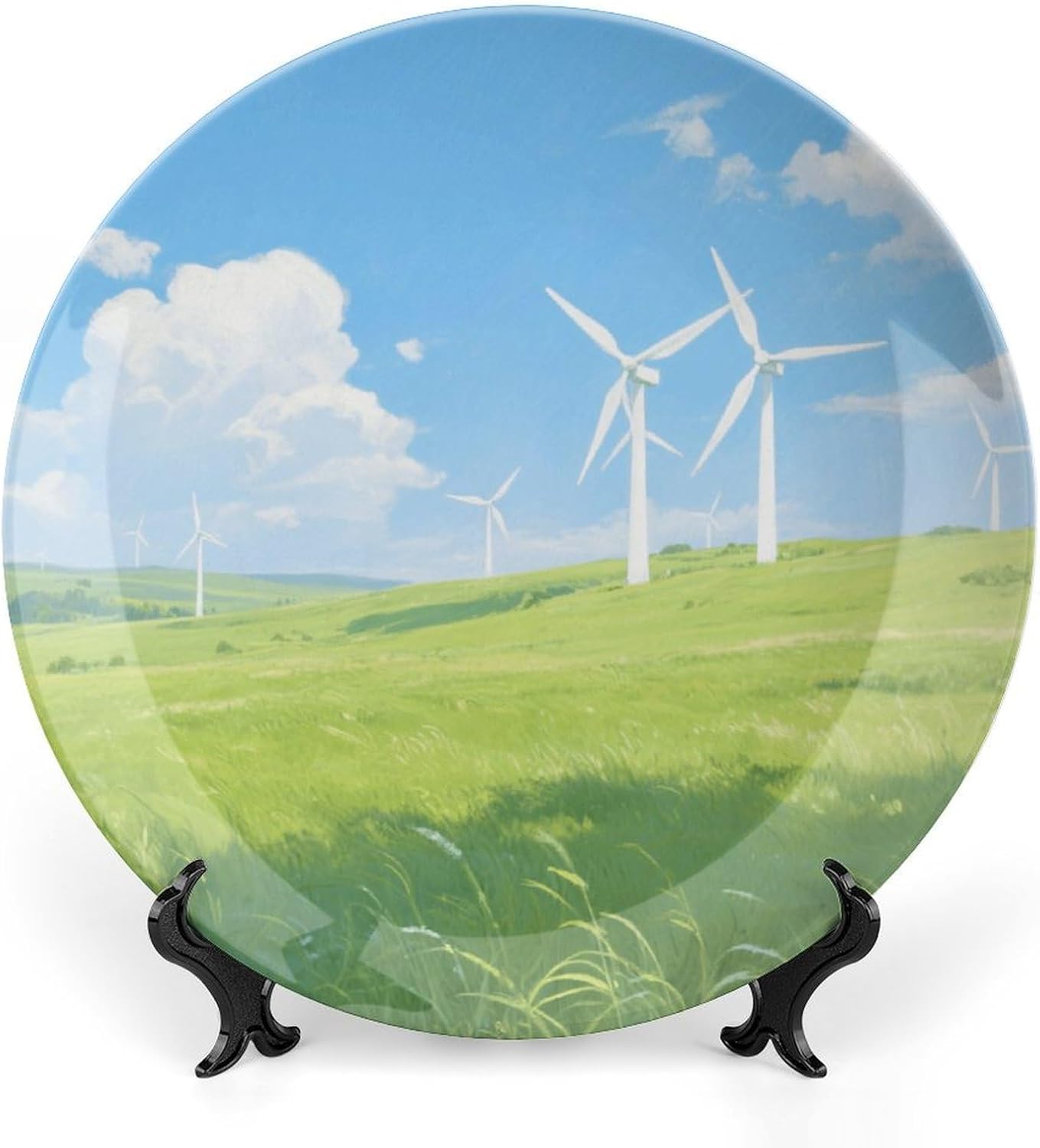 Bone China Decorative Plates Summer Grassland Windmills Ceramic Decorative Plate Wall Decor with Display Stand Ceramic Ornaments for Wall Hanging Decoration