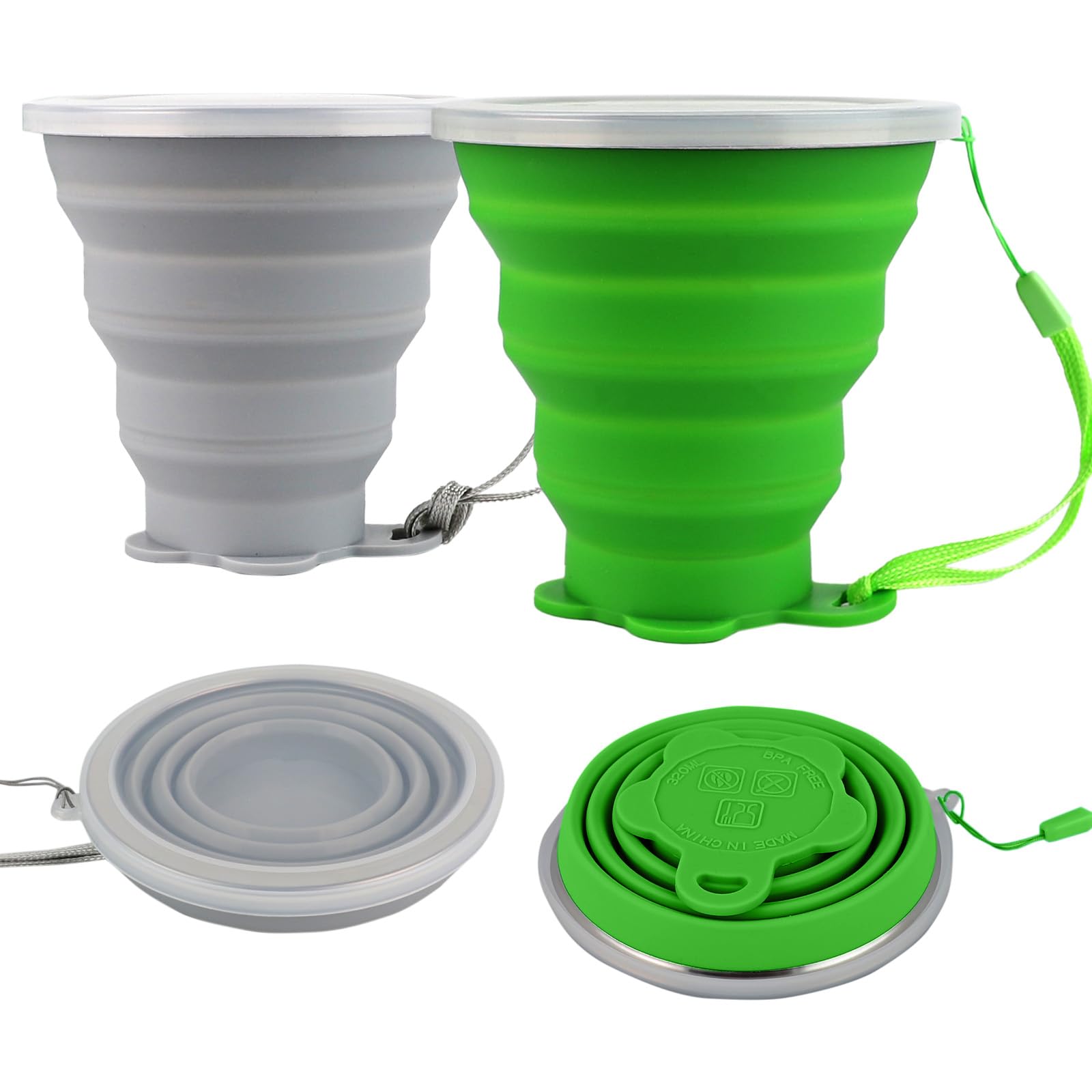 ddLUCK Silicone Collapsible Camping Cup, 2 Pack 320ml Foldable Travel Mug, Folding Portable Cups with Plastic Sealing Lid, Reusable Mugs Set for Picnic, Camping, Office, Outdoor Hiking