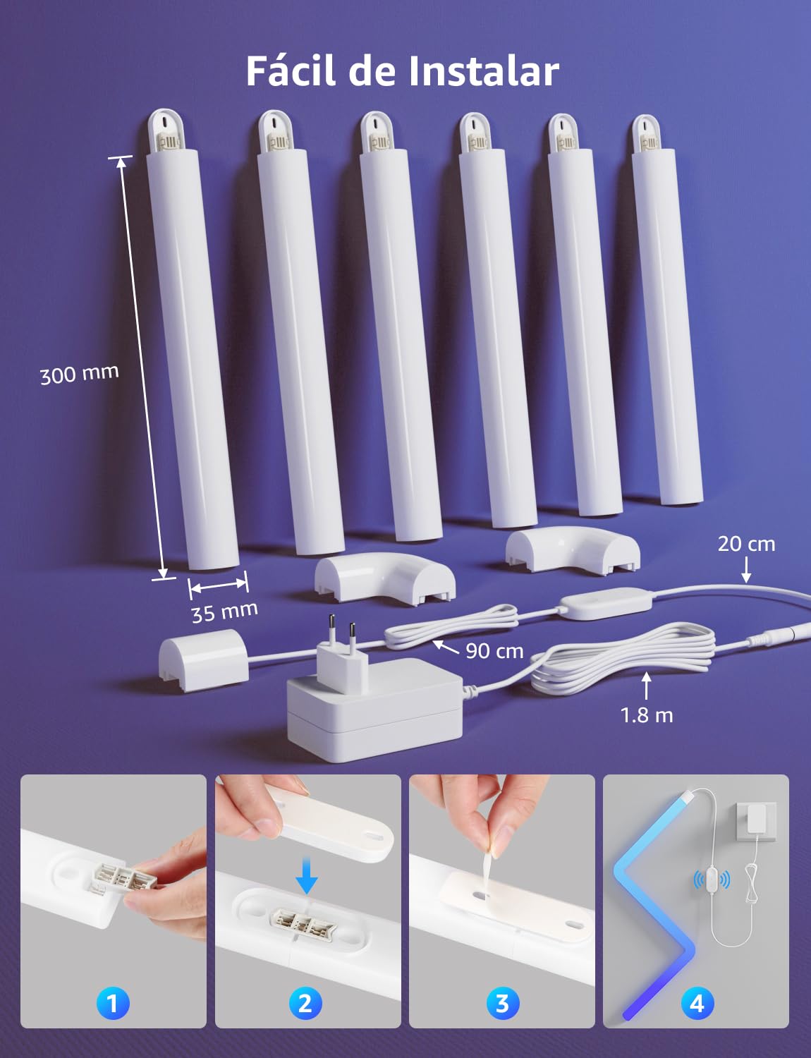 Lepro WL1 AI Barras de Luz LED Pared Inteligente, Funciona con Alexa y Google Home para Sala de Juego y PC Decoración, Diseñador de Iluminación AI Personalizado, Sync de Música y Control de Voz, 6Pcs