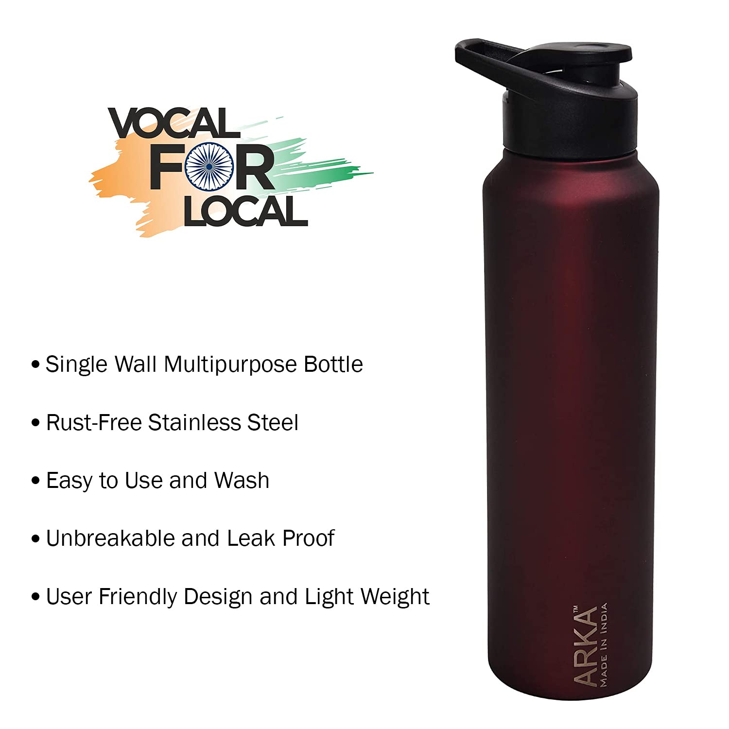ARKA Stainless Steel Chromo Water Bottle with Sipper Cap, 1 Liter, Wine Red Ideal to Store All Beverages 1